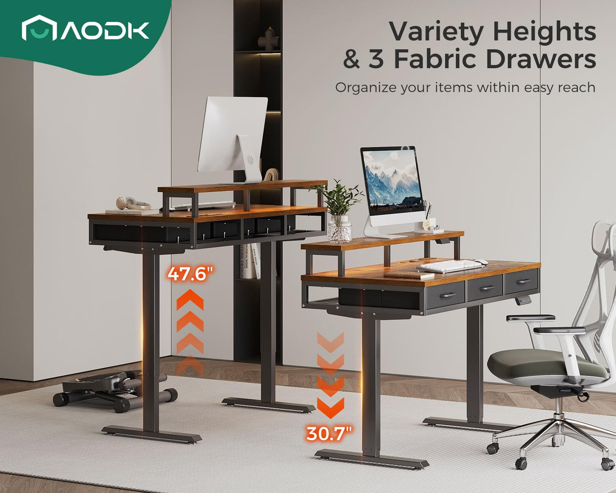 AODK 47 Inch Electric Standing Desk with 3 Drawers, Brown, Height Adjustable Desk with Power Outlets & LED Lights, Stand Up Desk with Monitor Shelf, Sit Stand Desk Computer Workstation AODK