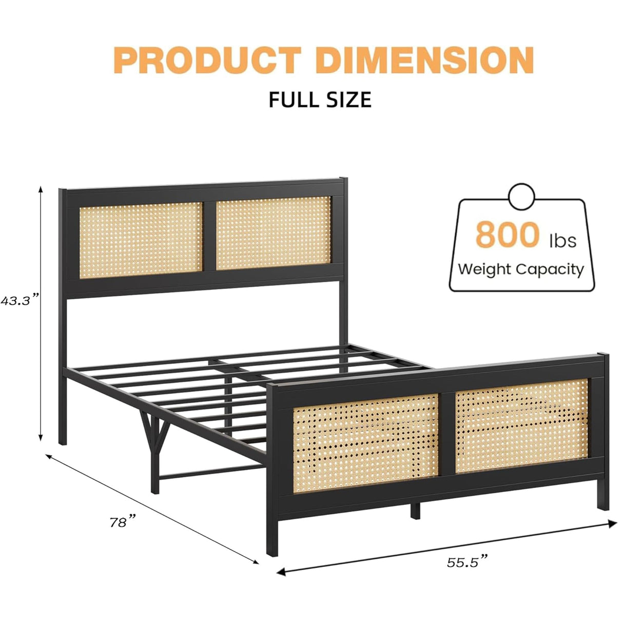GarveeHome Full Size Rattan Bed Frame with Headboard, Black Boho Cane Platform Bed Frame with Strong Metal Slat, Noise Free, No Box Spring Needed GarveeHome
