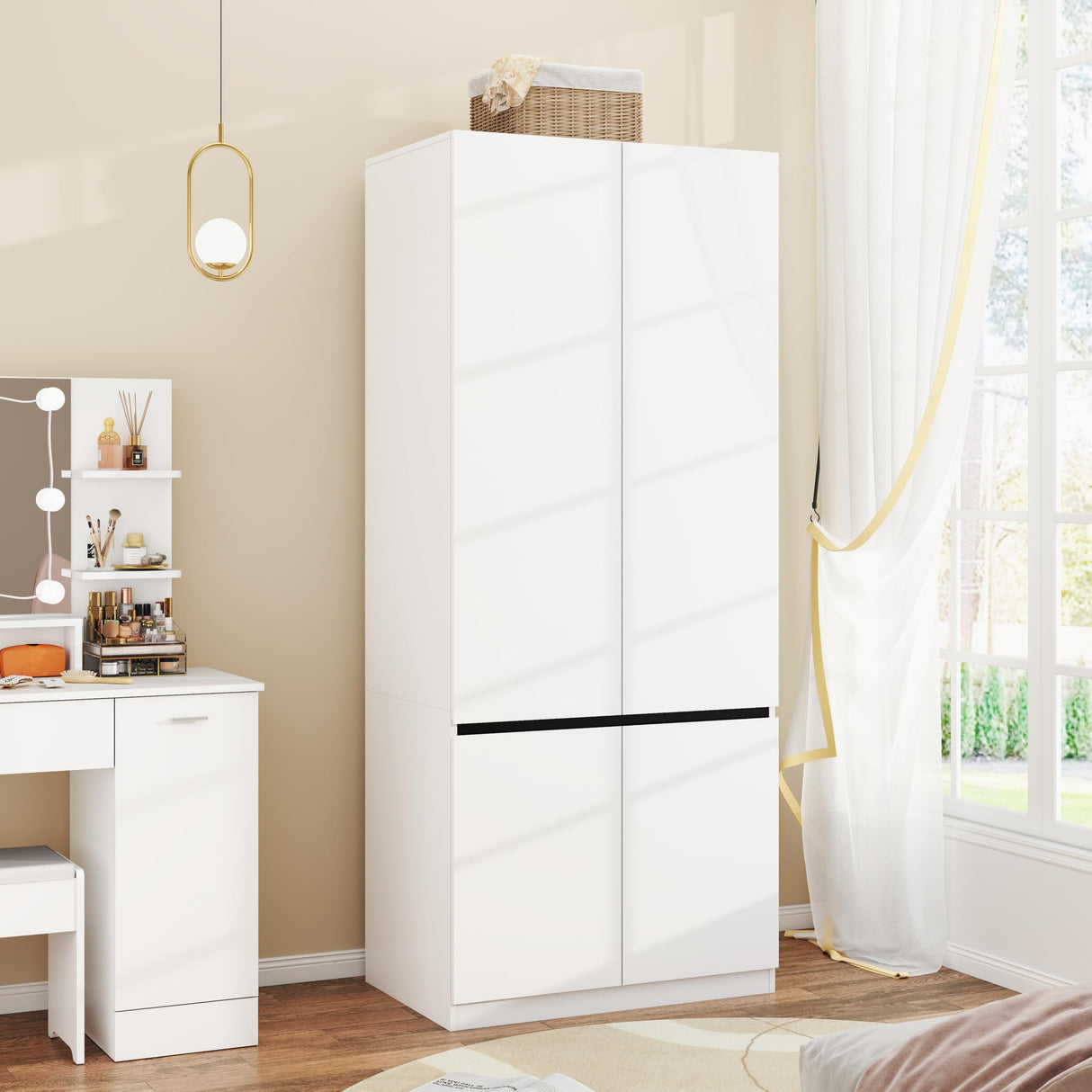 Armoire Wardrobe Closet with Doors: 75" White Large Wardrobe Closet with 2 Doors, Clothes Cabinets for Bedroom Armoires with Storage, Wood Wardrobes Closets for Hanging Clothes (C-Style, 31.5") Mhsatyrs