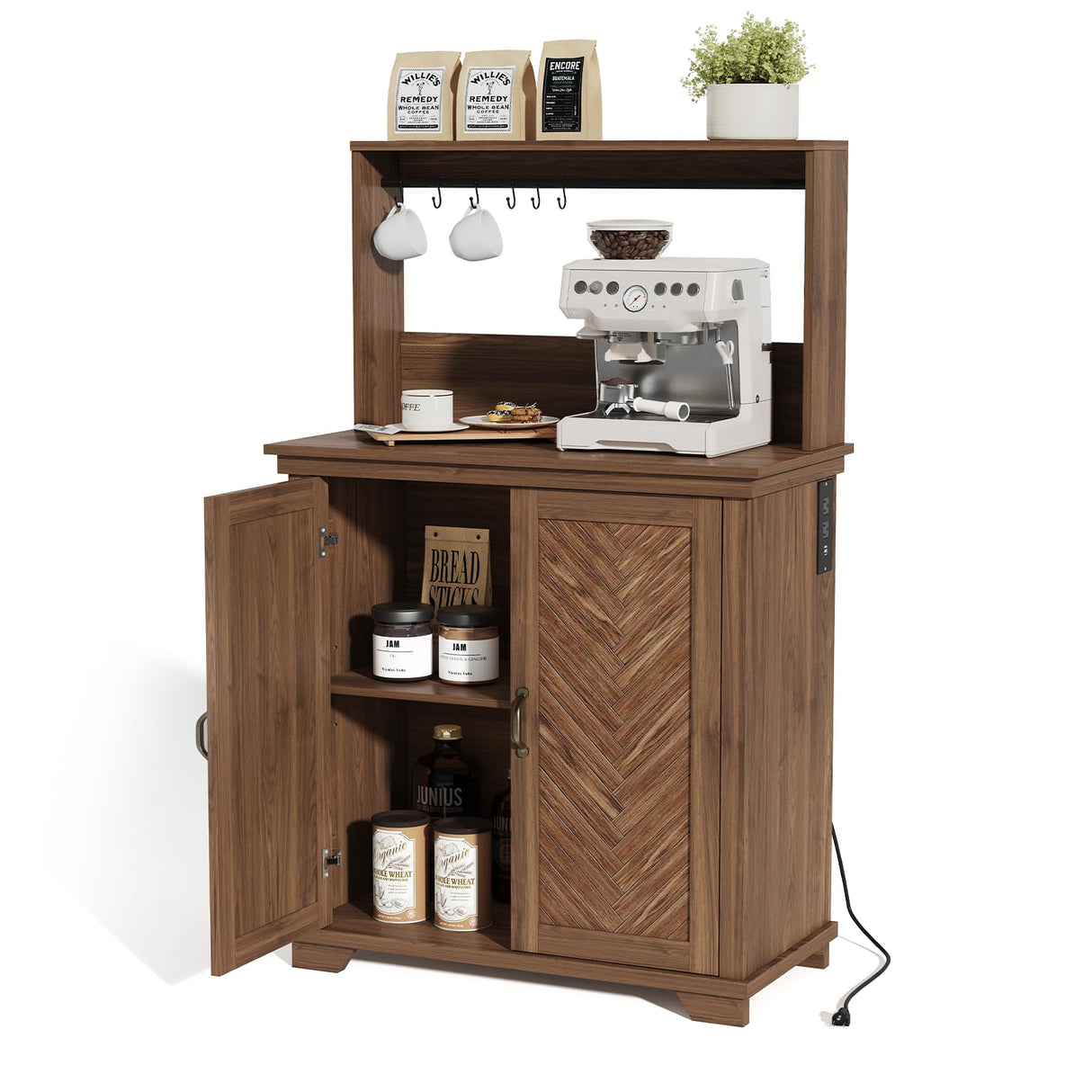 JOINICE Farmhouse Coffee Bar Cabinet with Storage,31.5" Kitchen Cabinet with Hooks and Charging Station,Coffee Station with Adjustable Shelf and Hutch,Sideboard for Living Dining Room JOINICE