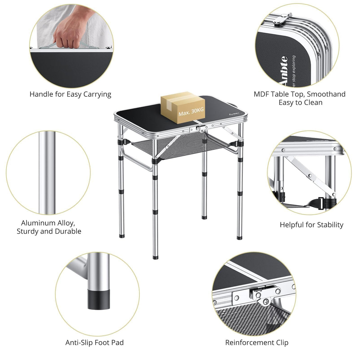 Anbte Folding Camping Table, Aluminum 24" x 16" Adjustable Height Small Folding Table with Carrying Handle, Lightweight, Portable Camping Table Waterproof for Outdoor Indoor Picnic Beach BBQ (Black) Anbte