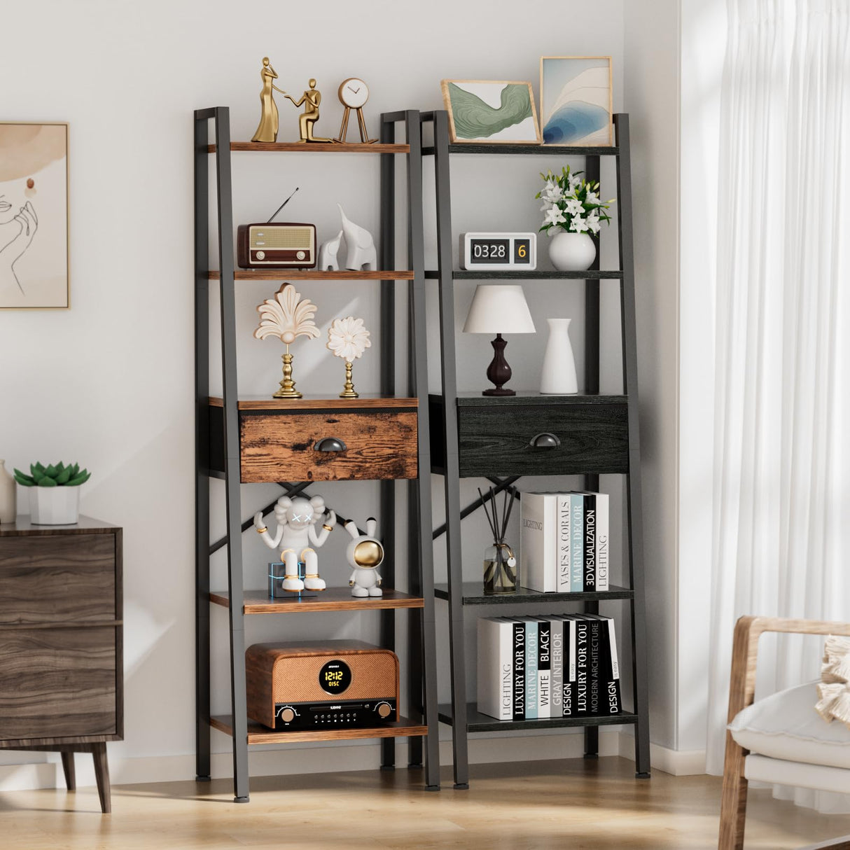 Furologee 5 Tier Ladder Shelf with Drawer, Tall Bookshelf Storage Shelves, Bookcase Standing Shelf Units, Industrial Open Display Shelves Organizer for Bedroom, Living Room, Kitchen, Rustic Brown Furologee