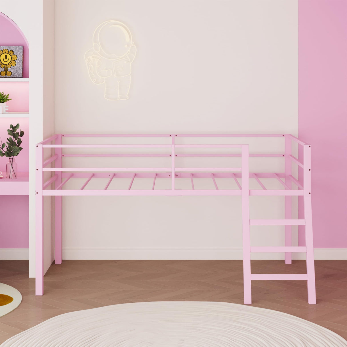 Lutown-Teen Metal Loft Bed with Stairs and Guardrail for Juniors, Space Saving Loft Bed Twin Size for Small Bedroom, Pink Lutown-Teen