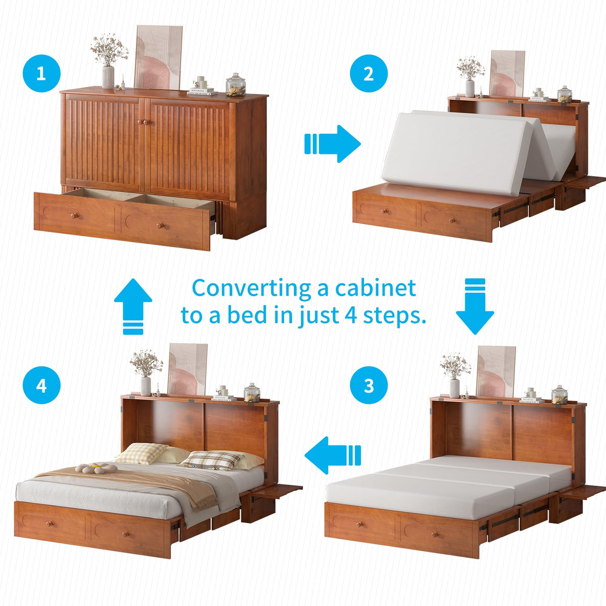 Mjkone Queen Size Murphy Bed Cabinet with Drawers and USB Charging Station, Wooden Versatile Wood Chest Cabinet Wall Bed with Tri-Fold Mattress, Modern Guest Beds for Bedroom Home Apartment - Cherry Mjkone