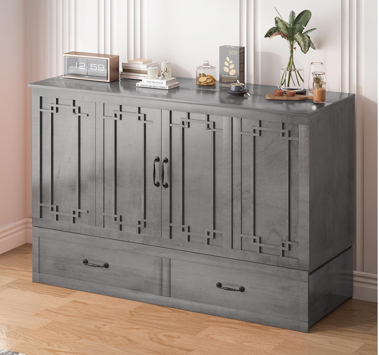 PUREMIND Queen Murphy Bed Cabinet with Mattress Included, Cabinet Beds with Storage Drawers, Murphy Chest Bed with USB Charging Station, Horizontal Murphys Wallbed for Bedroom, Guest Room PUREMIND