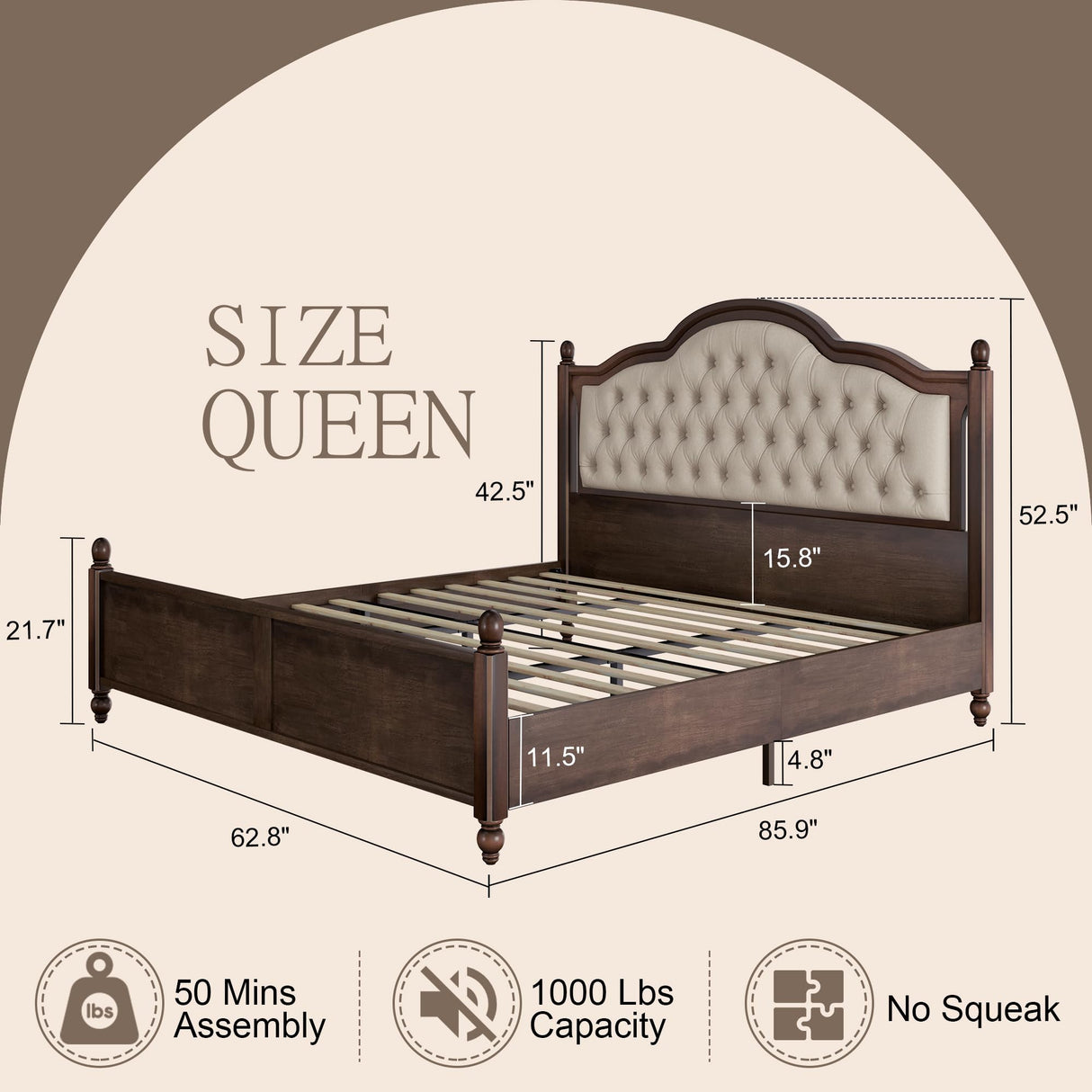 AMERLIFE Solid Wood Bed Frame Queen Size, Transitional Platform Bed with 52.5" Upholstered Tufted Headboard, Rubberwood/Roman Column Accents/Wood Slat Support/No Box Spring Needed AMERLIFE