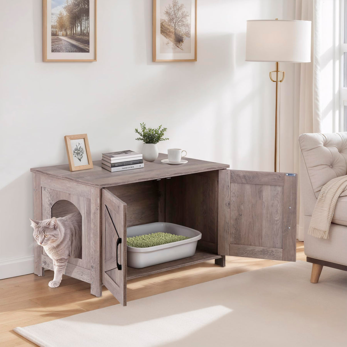 ZENY Cat Litter Box Enclosure, Litter Box Furniture Hidden, Wooden Litter Cabinet with Divider, Farmhouse Style Cat Washroom Storage Bench,Fit Most of Litter Box, Greige ZENY