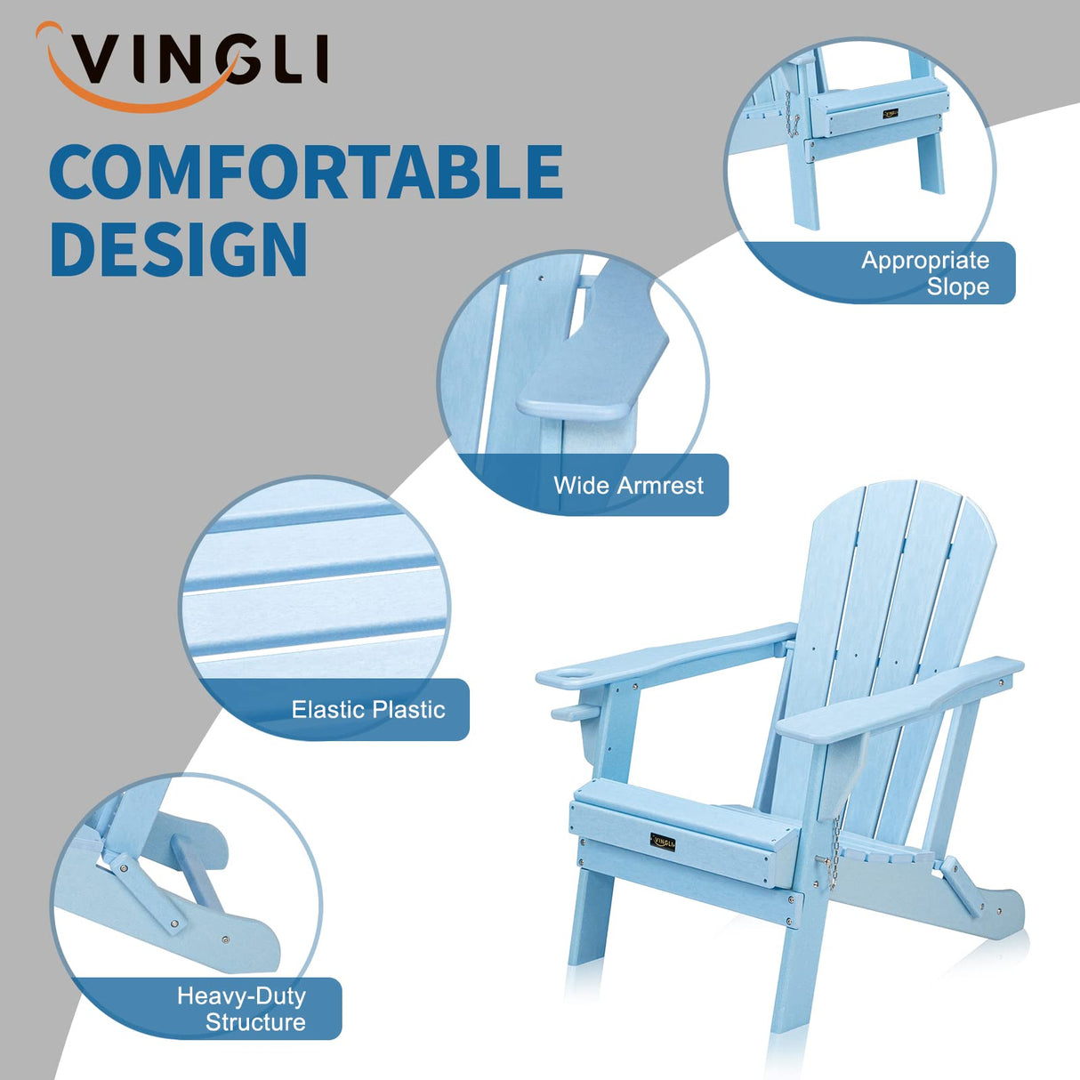 VINGLI Plastic Adirondack Chairs Set of 2, Folding with Cup Holder, Waterproof HDPE Material, Comfortable 380lb Weight Capacity for Outdoor Pool Patio Lounge Chair Lawn Furniture Firepit (Blue) VINGLI