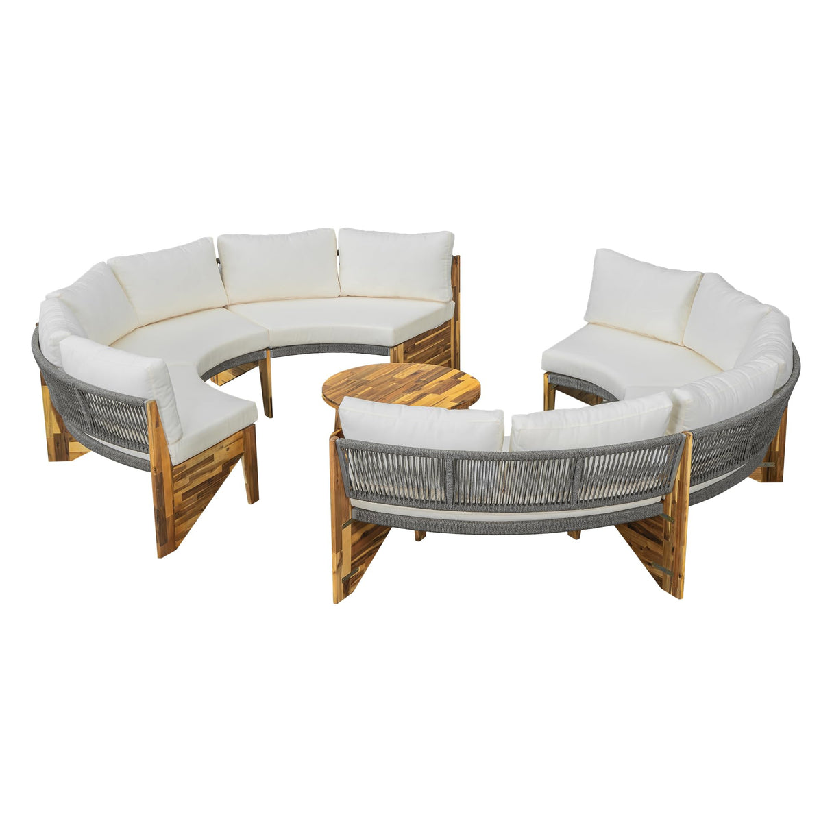Quarte Outdoor Acacia Wood Round Sofa Set, Half-Moon Sectional Sets with Coffee Table,6-Person Seating Group for Garden, Deck (Beige/Half-Moon*A) Quarte