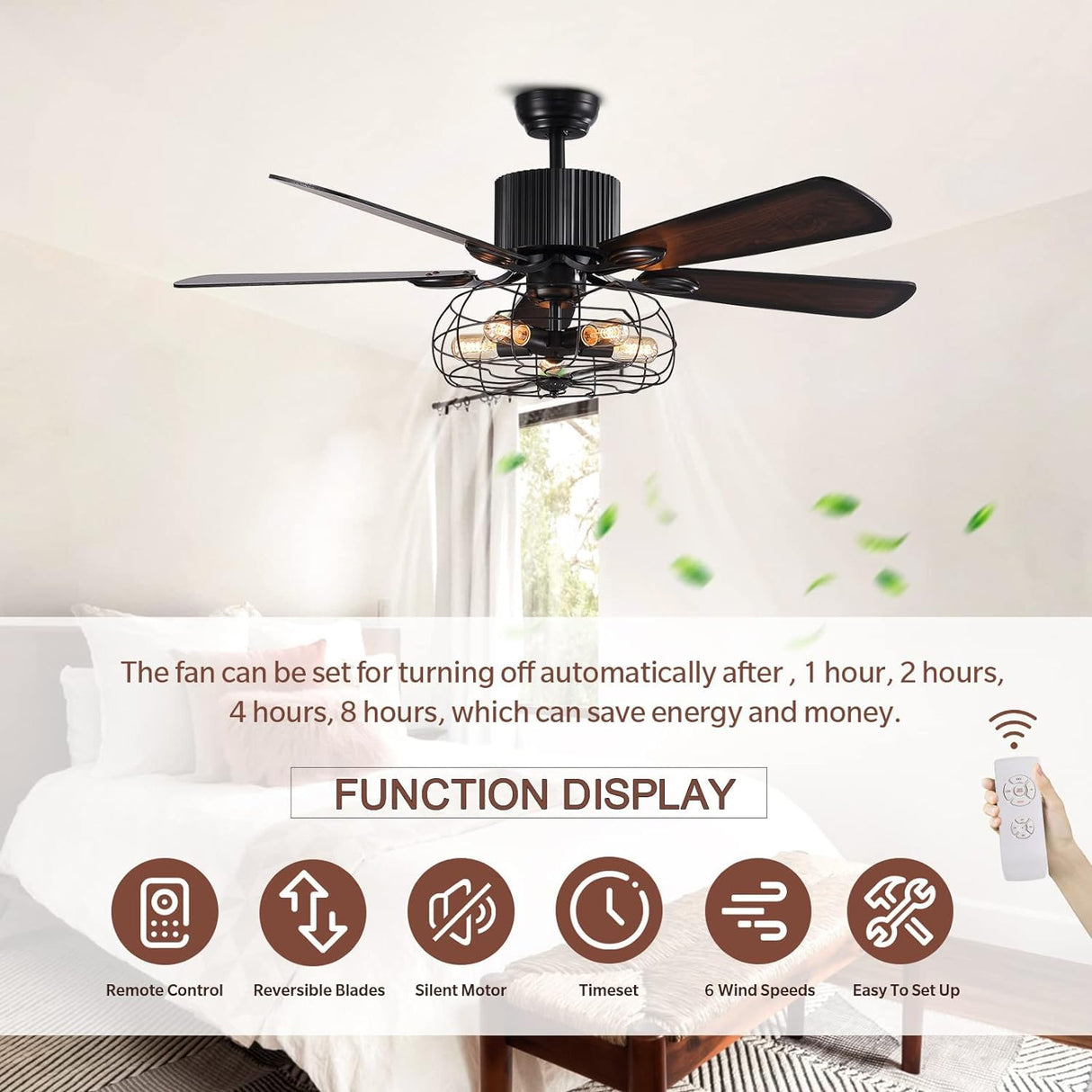 APBEAMLighting Industrial Caged Ceiling Fan Light with Remote Control 52 Inch Vintage Ceiling Fan Light Farmhouse Black Retro Indoor Fandelier with 5 Reversible Wood Blades for Living Room Bedroom APBEAMLighting