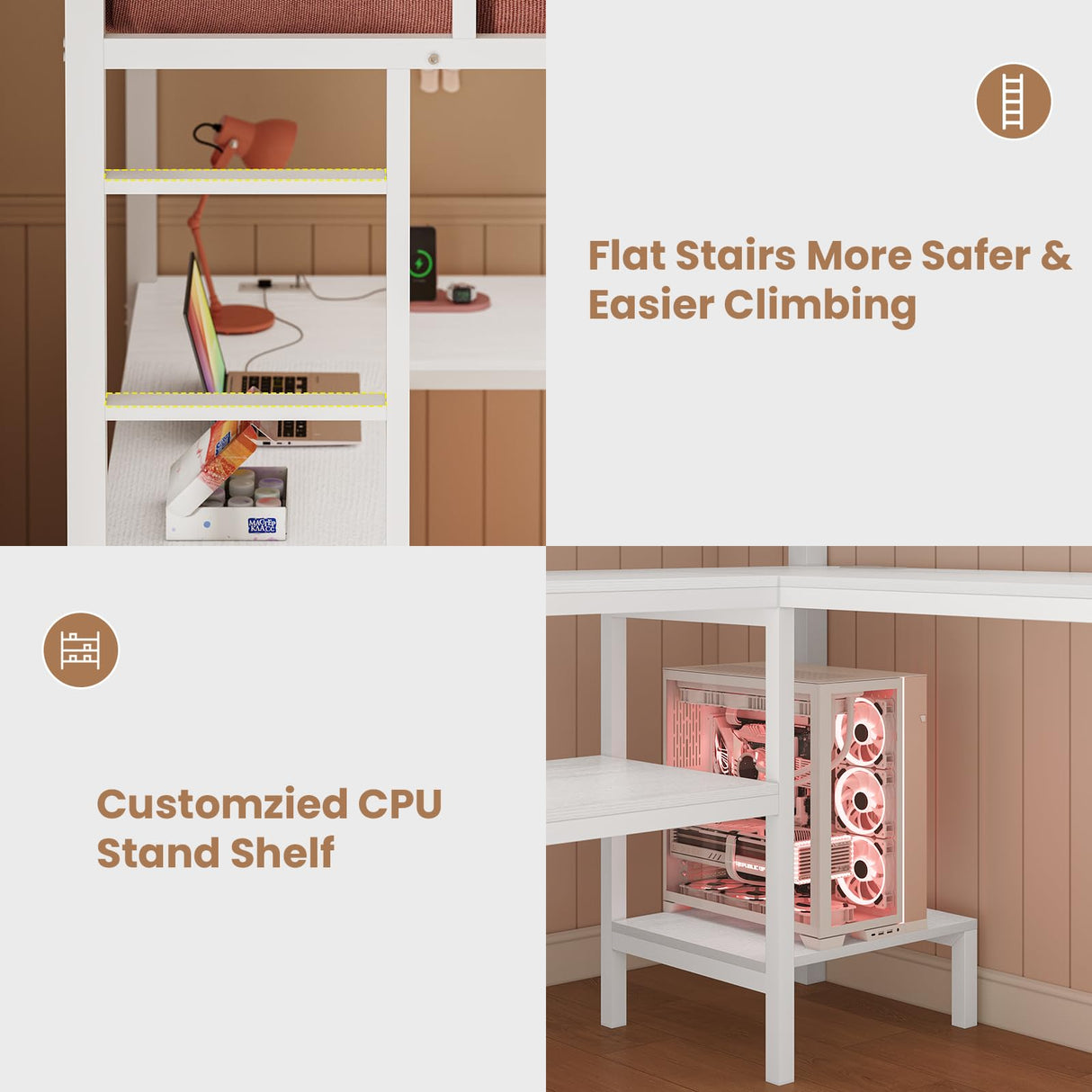 BTHFST Full Size Loft Bed with L-Shaped Desk and 3 Storage Drawers, LED Lights & Charging Station, Open Storage Shlef, Metal Loft Bed Frame with Solid Slats and Guardrail, Space Saving, White BTHFST