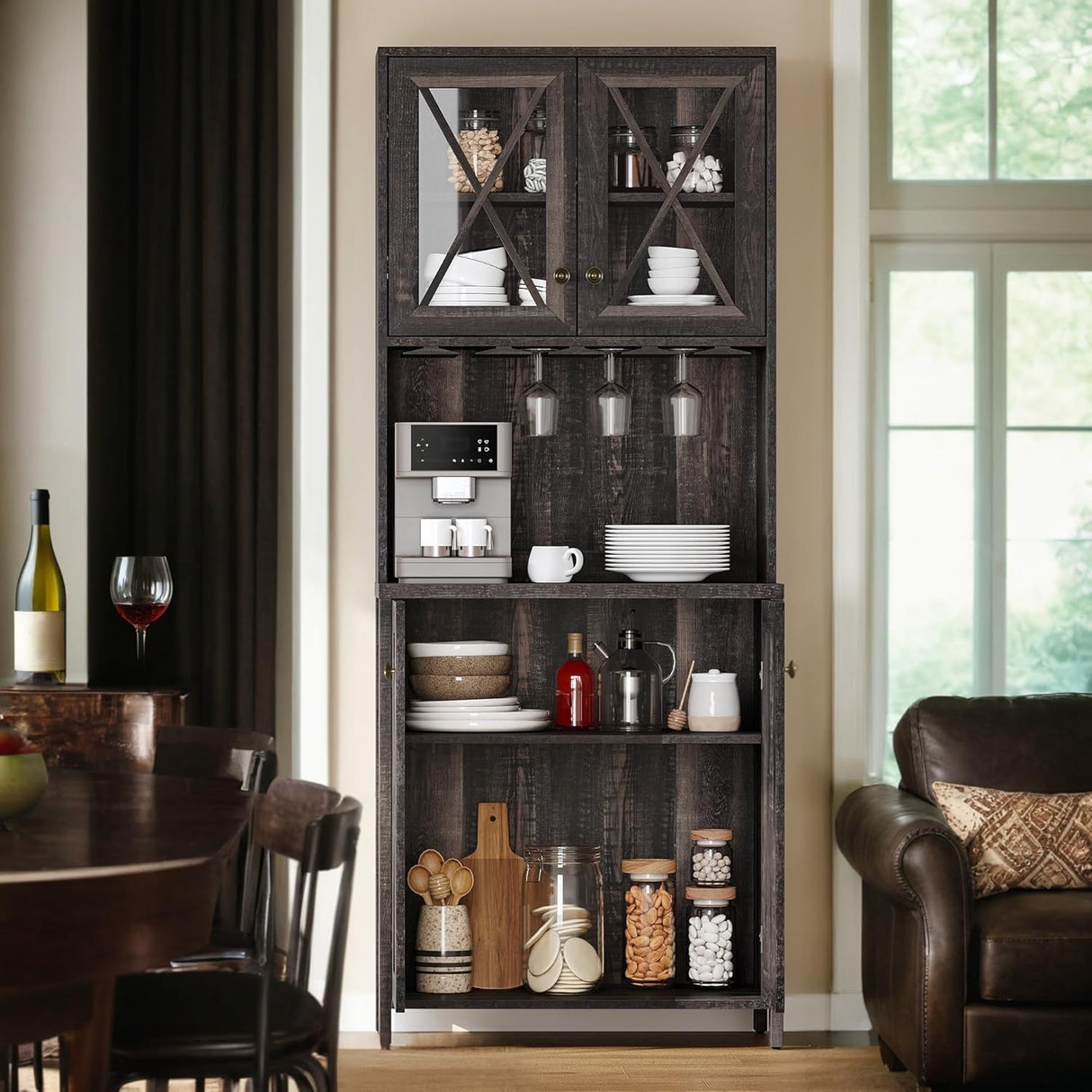 YITAHOME 67" Tall Wine Bar Cabinet for Liquor and Glasses, Farmhouse Freestanding Coffee Bar Cabinet with Glasses Racks & Storage Shelves W/Glass Doors for Living Dining Room, Hallway, Dark Rustic Oak YITAHOME