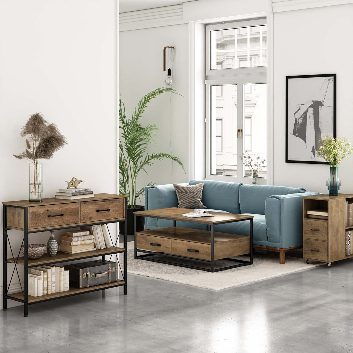 HITHOS Industrial Console Table with Drawers, Vintage Hallway Foyer Table with Storage Shelves, Narrow Long Sofa Entryway Table for Living Room, Rustic Brown HITHOS