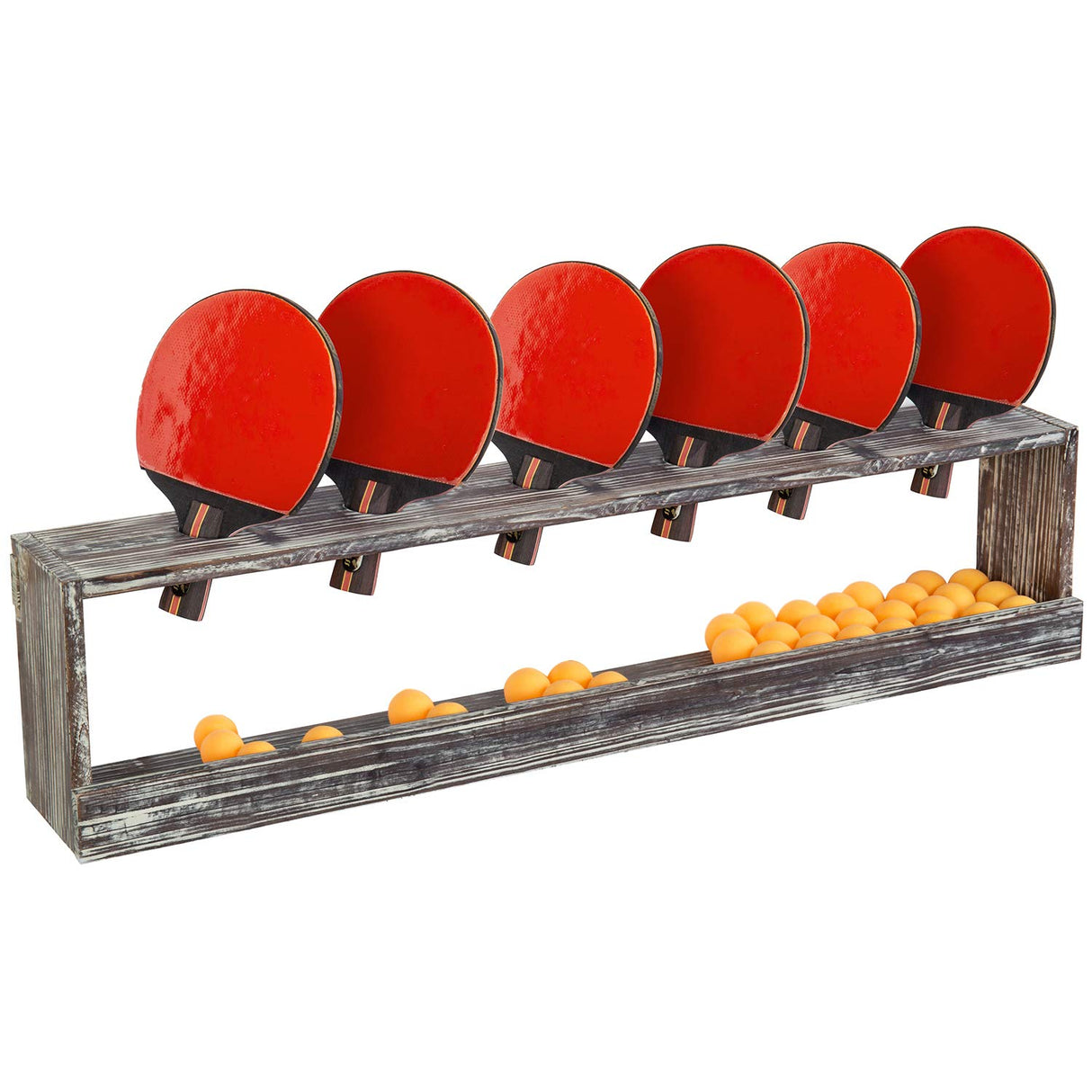 MyGift Wall Mounted Torched Wood Table Tennis Rack for Ping Pong Paddles and Balls Storage Shelf MyGift