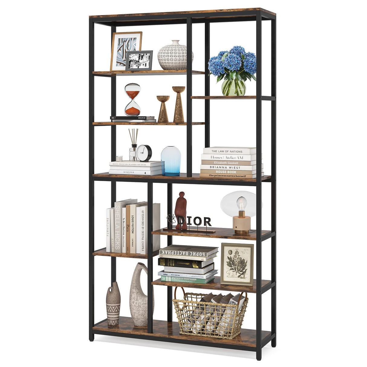 Tribesigns 79-Inch Tall Staggered 8-Tier Bookshelf in Black & Rustic Finish Tribesigns