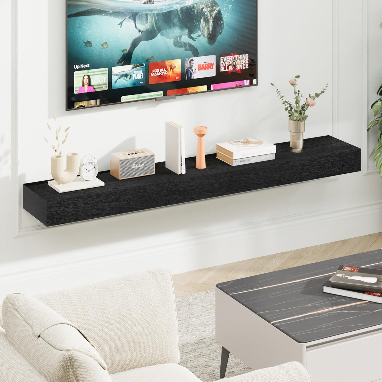 SAUMONIERES Fireplace Mantel Shelves 60 Inch Solid Wood Wall Mounted Long Floating Shelf Hollow, Black SAUMONIERES