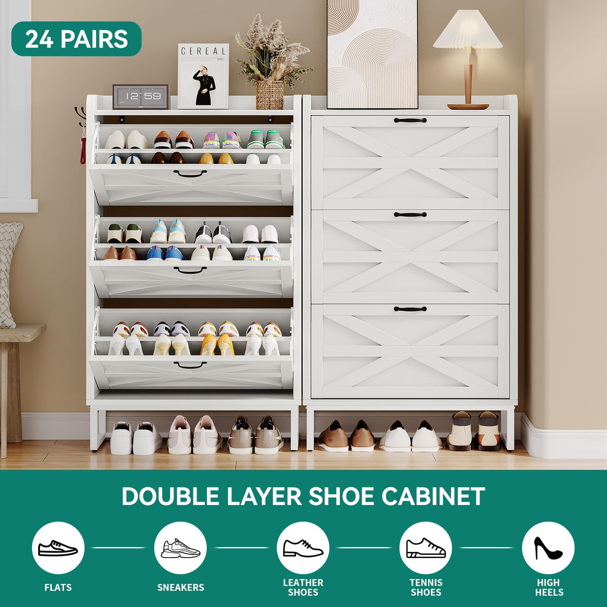 YITAHOME Farmhouse Shoe Storage Cabinet for 24 Pairs with 3 Flip Drawers, Narrow Slim Shoe Rack Cabinet for Hallway, Shoe Organizer for Entryway, Living Room (White) YITAHOME