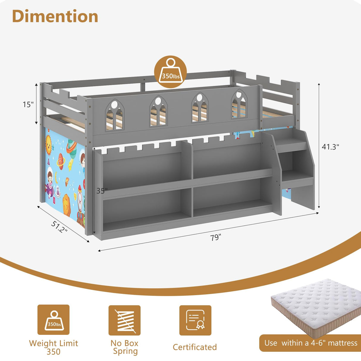 JOYMOR Low Loft Bed with LED Lights, Twin Loft Bed with Stairs, Safety Guardrail, Curtain, Wooden Bed Frame for Kids with Storage Bookcase and Under-Bed Play Space (Gray) JOYMOR