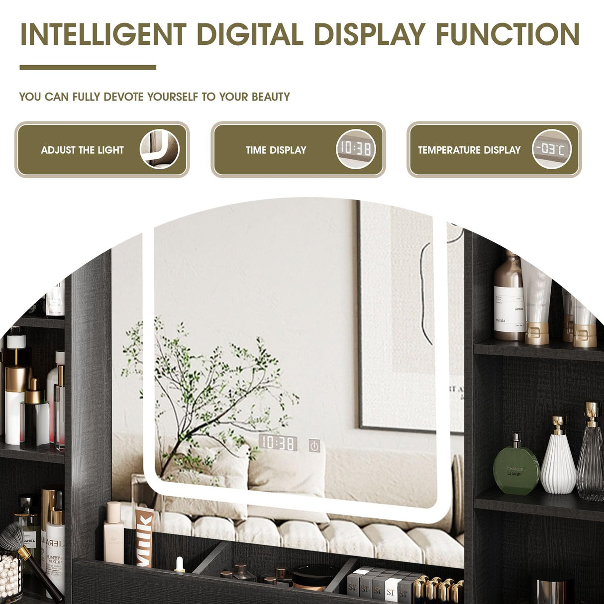 Vabches Black Vanity Desk, Vanity Mirror with Lights, Makeup Vanity Desk with Stool, Vanity Table with Large Storage Drawers and Shelves, Time and Temperature Display, 3 Led Lighting Modes Adjustable Vabches