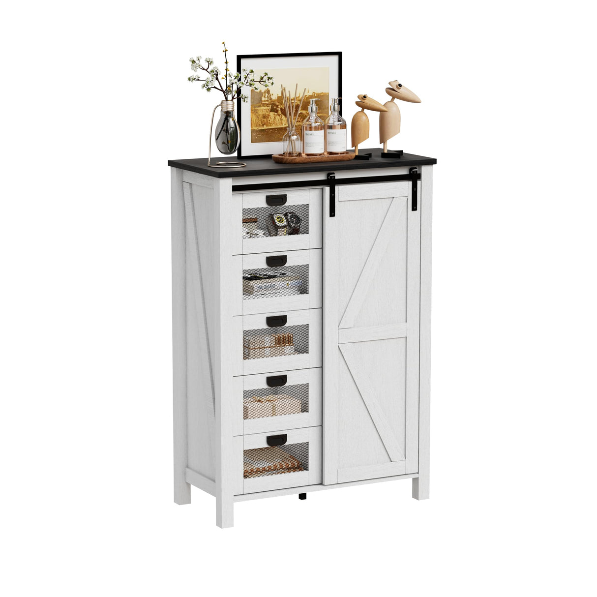 SDMY 5 Drawers Dresser for Bedroom w/Sliding Barn Door, 5 Drawer Tall Dresser, Farmhouse Chest of Drawers, Storage Organizer Dresser for Bedroom, Hallway, Living Room, Kids Room (White) SDMY