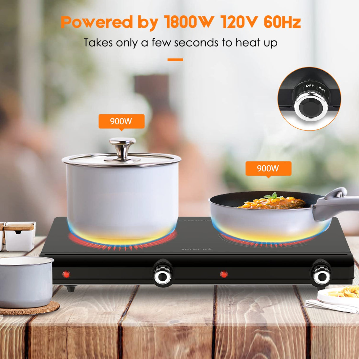 Electric Hot Plate for Cooking, Infrared Double Burner,Electric Cooktop 2 Burner,1800W Portable Electric Stove,Heat-up In Seconds,Countertop Cooktop for Dorm,Compatible with All Cookware Vayepro