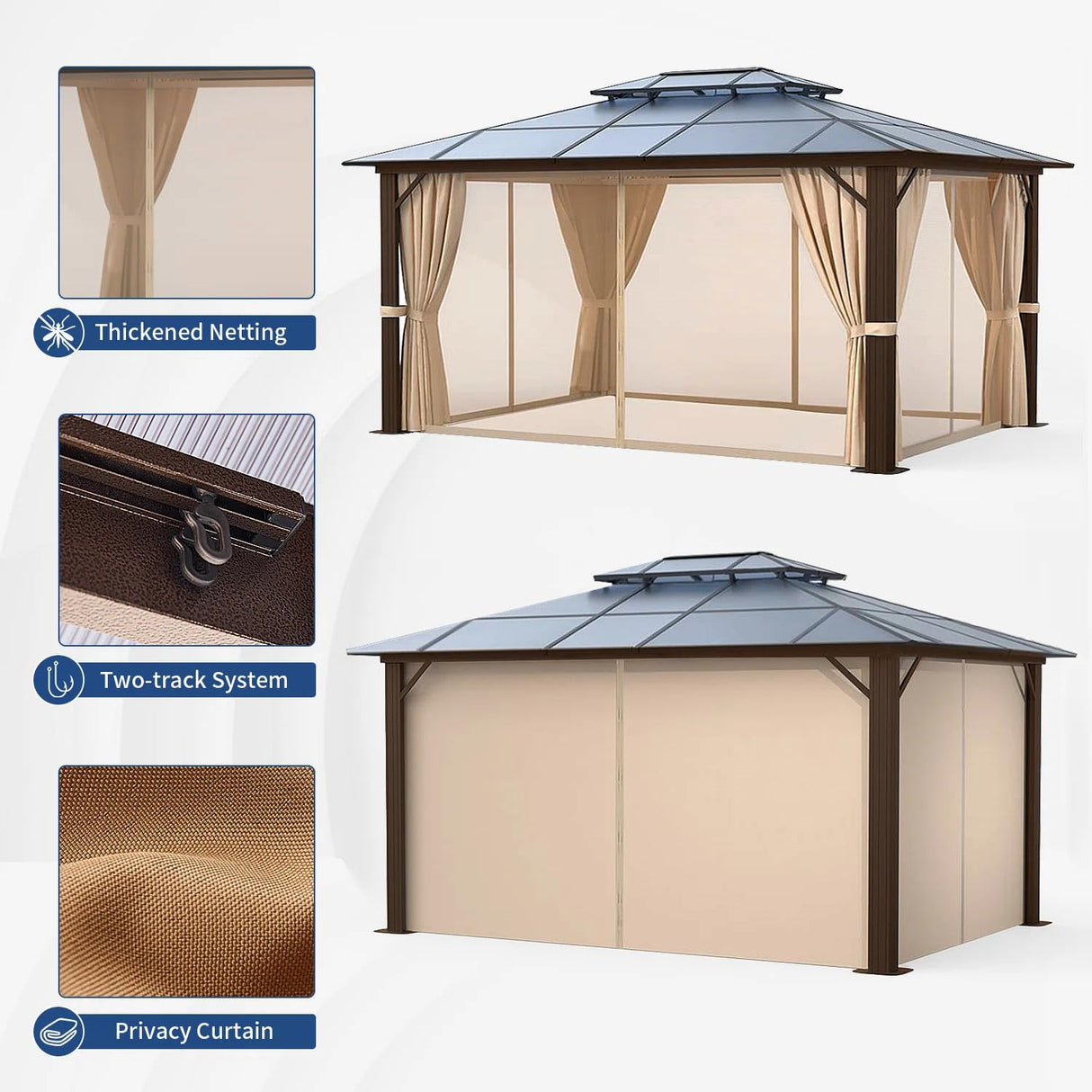 Jolydale Hardtop Gazebo, 10FTx12FT Polycarbonate Double Top Canopy, Aluminum Frame Permanent Pavilion with Curtains and Netting, for Lawns, Patios, Gardens Jolydale
