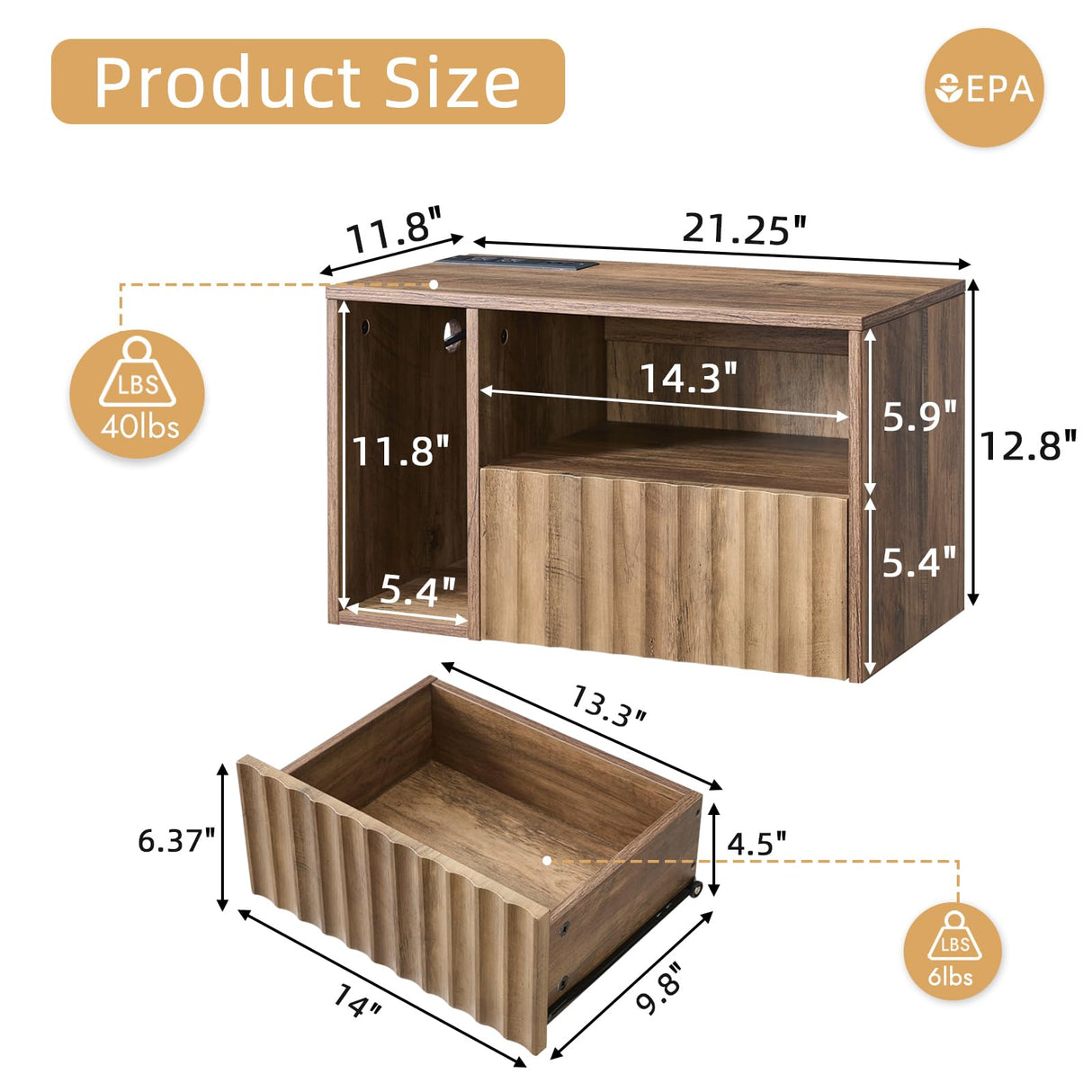 BuildHom Floating Nightstand with Charging Station - Modern Rustic Brown Fluted Bedside Table with Drawer, USB Ports & Outlets (Set of 2) BuildHom