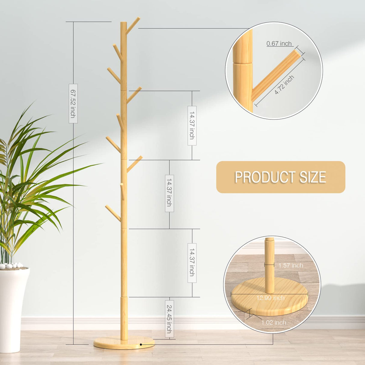 Wooden Coat Rack Freestanding Coat Tree with 4 Height Options and 9 Hooks, Sturdy Coat Rack Stand for Clothes/Bags/Hats, Easy Assemble Save Space for Entryway,Bedroom,Office,Narrow Place-Natural Bamdibola