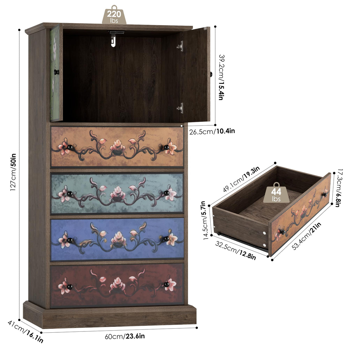 finetones 50’’ Tall Dresser, Boho Dresser Vintage Dresser with 4 Drawers and 2 Doors, Wood Dresser Chests of Drawers for Home, 16.1D x 23.6W x 50H Inch finetones