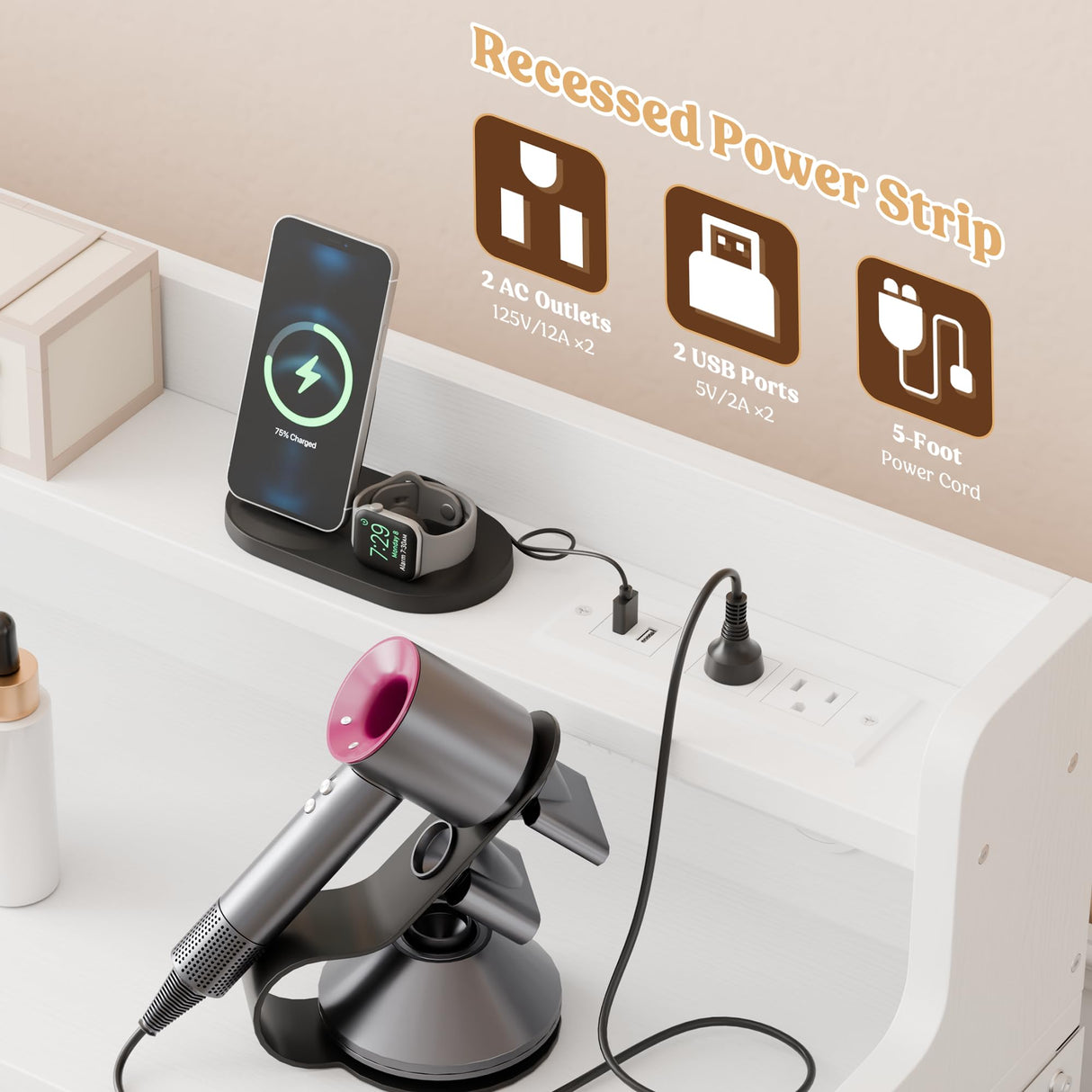 Lulive White Dresser for Bedroom 6 Drawers - Fabric Dressers for Bedroom with LED Light & Charging Station - Adults Chest of Drawers for Living Room Hallway Closet (White) Lulive