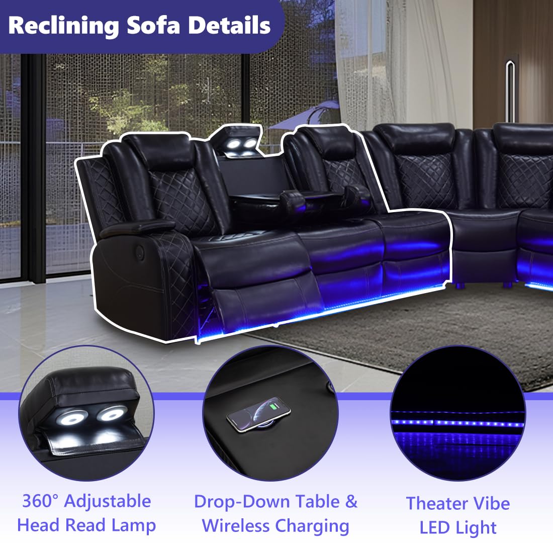 Anthato Black Leather Power Recliner Sectional Sofa Set with LED Lights, Modern L-Shaped Reclining Sofa, Reclining Corner Couch with Cup Holders/Storage/Charging Ports for Living Room/Home Theater Anthato