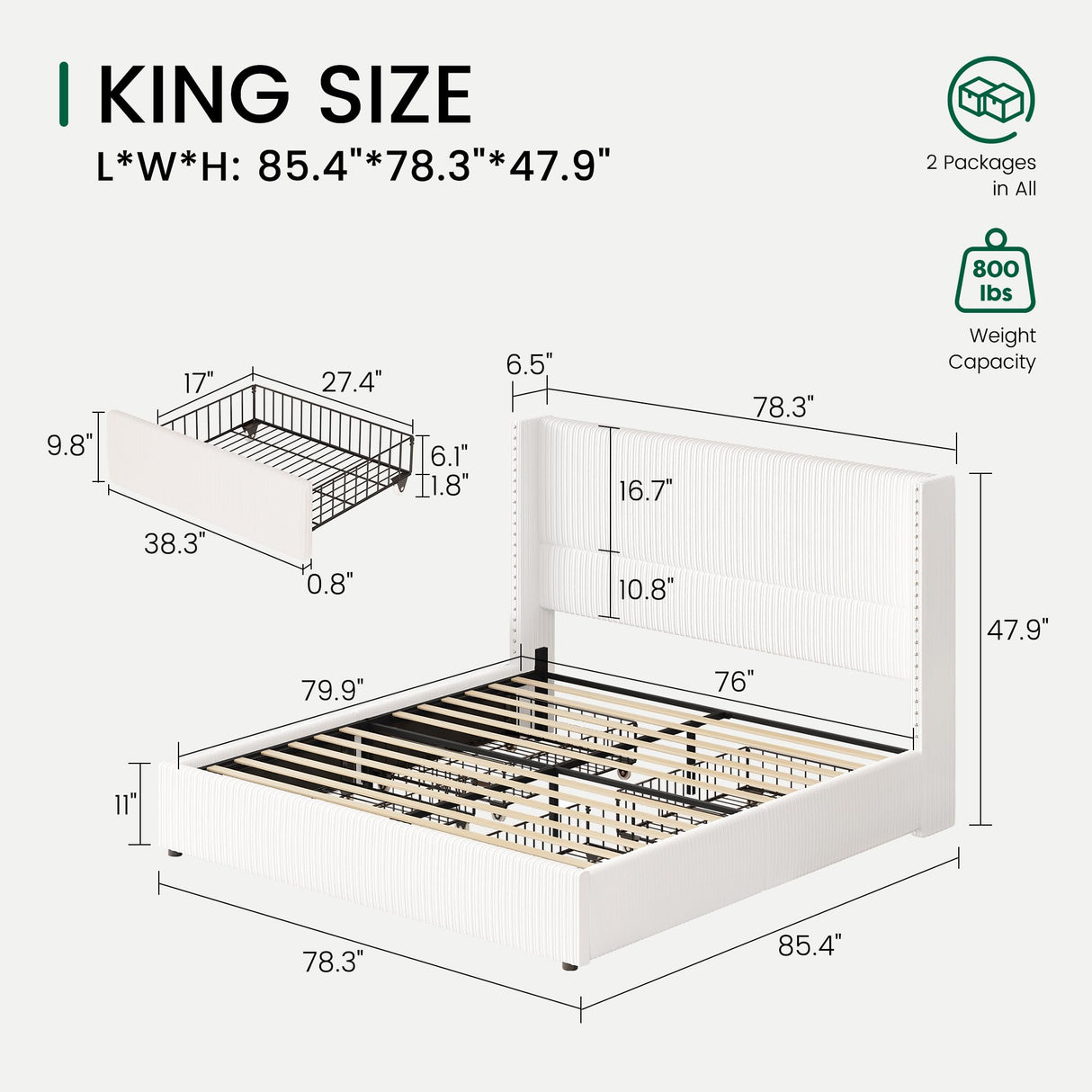 LARMACE King Size Bed Frame with 4 Storage Drawers Modern White Corduroy Upholstered Platform Bed Frame with Headboard Tufted Vertical Stripe &Wooden Slats Support, No Box Spring Need,Easy Assembly LARMACE