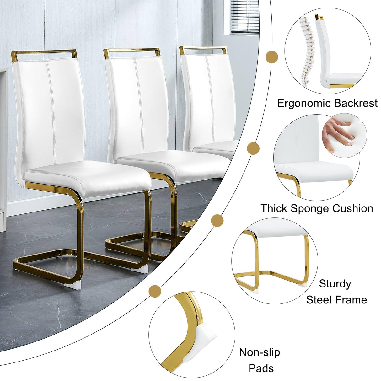 Ebullient Glass Dining Table Set for 4,5 Piece Dining Table and Chairs Set,Modern Kitchen Dining Room Table with 4 White PU Leather Dining Chairs,0.31” Tempered Glass Table Top with Gold Metal Legs Ebullient