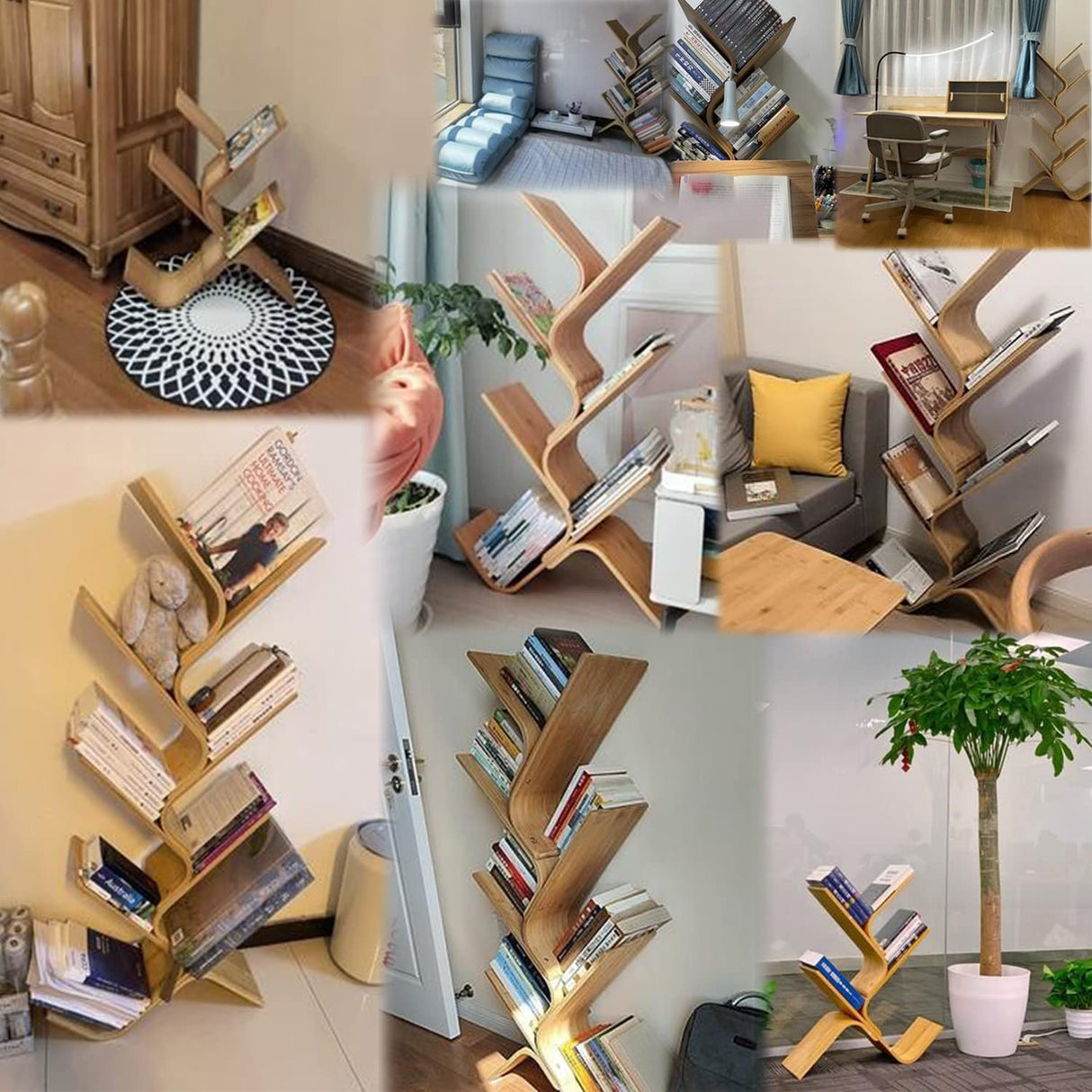 Modern Bamboo Tree Bookshelf, Creative Curved Standing Bookcases, Book Storage Organizer Shelves, Display Floor Book Shelf Space Saver Rack for Home Office Living Room Bedroom (Natural 6-Tier) briteman