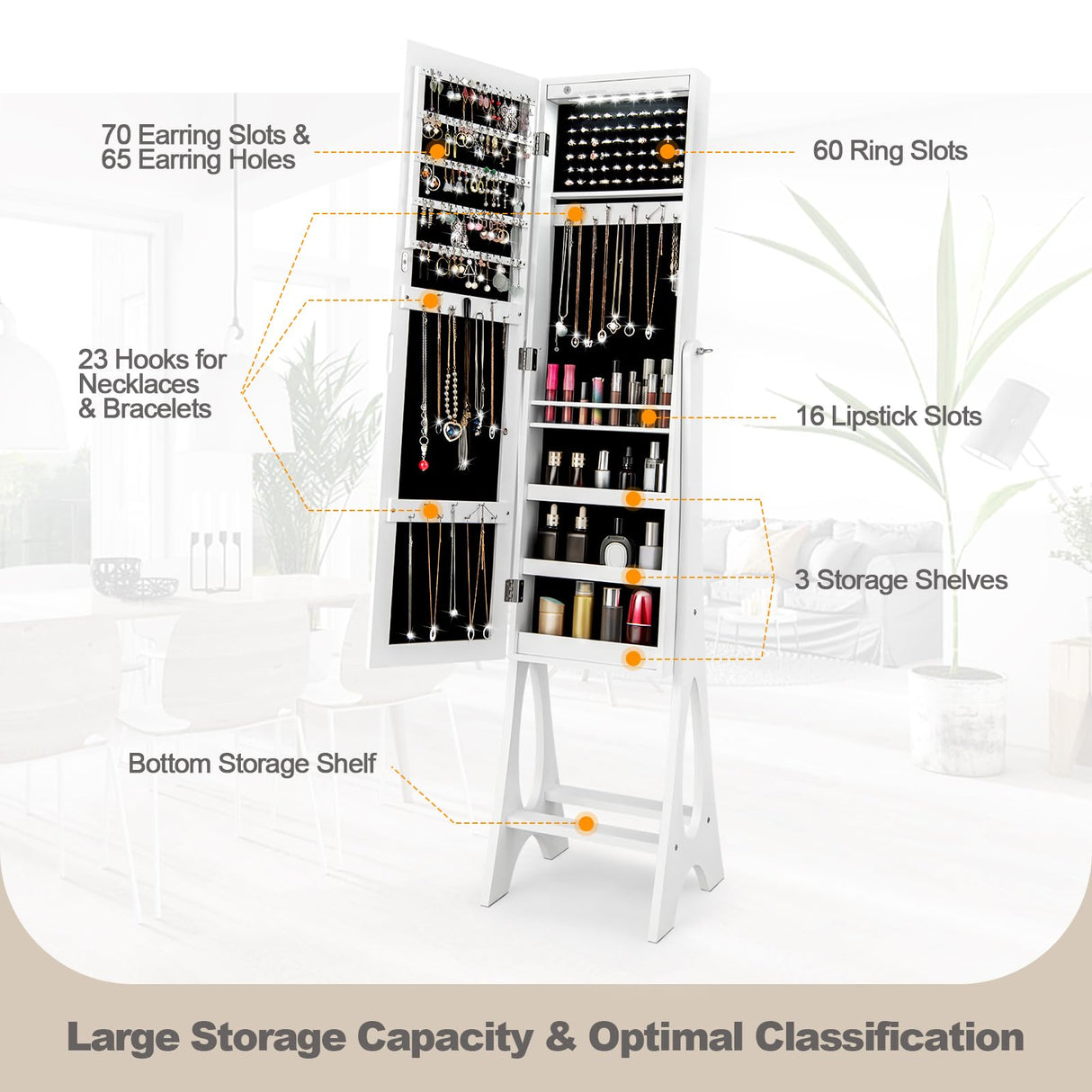 Giantex 12 LED Jewelry Armoire Cabinet with Frameless Full-length Mirror, Standing Jewelry Cabinet Organizer with 16 Lipstick Holders, Large Storage Capacity, 3 Angles Adjustable (White) Giantex