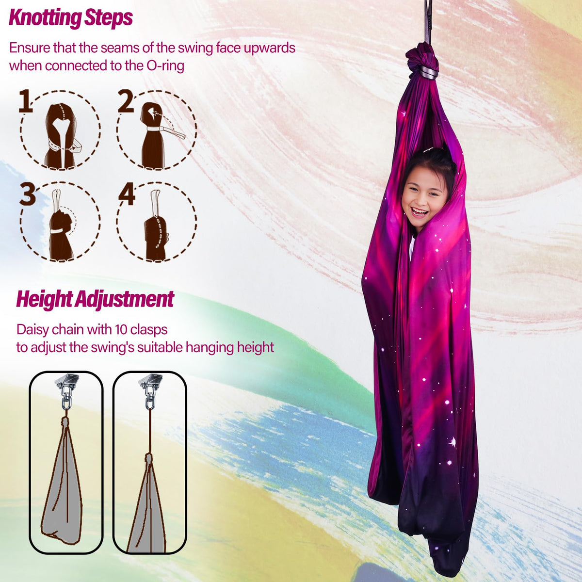 Sensory Swing for Kids & Adults Holds up to 300lbs Indoor & Outdoor Double Layer Therapy Cuddle Swing with 360° Swivel Hanger Kit for Calming, Effect for Autism, ADHD or SPD. (Galaxy Purple) Yatoco