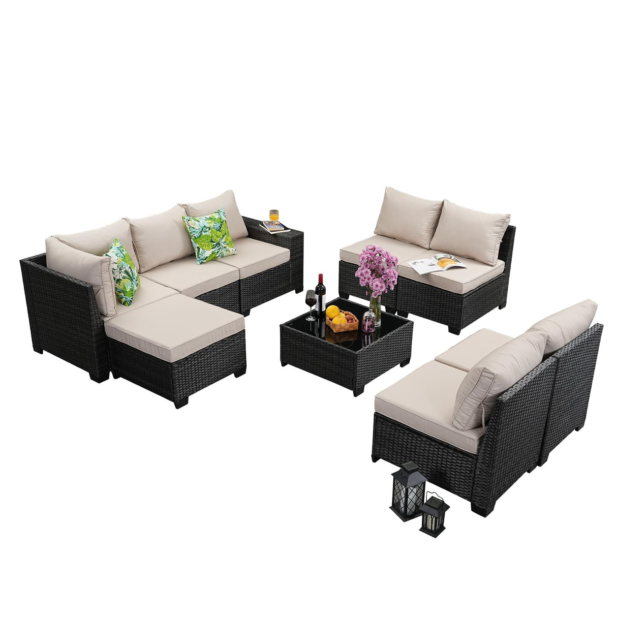 Jing's Villa 9-Piece Patio Furniture Set, All-Weather Outdoor Wicker Sectional Sofa with Cushions, Tempered Glass Table & Ottoman, Rattan Conversation Seating for Porch, Garden, Backyard,Beige Jing's Villa