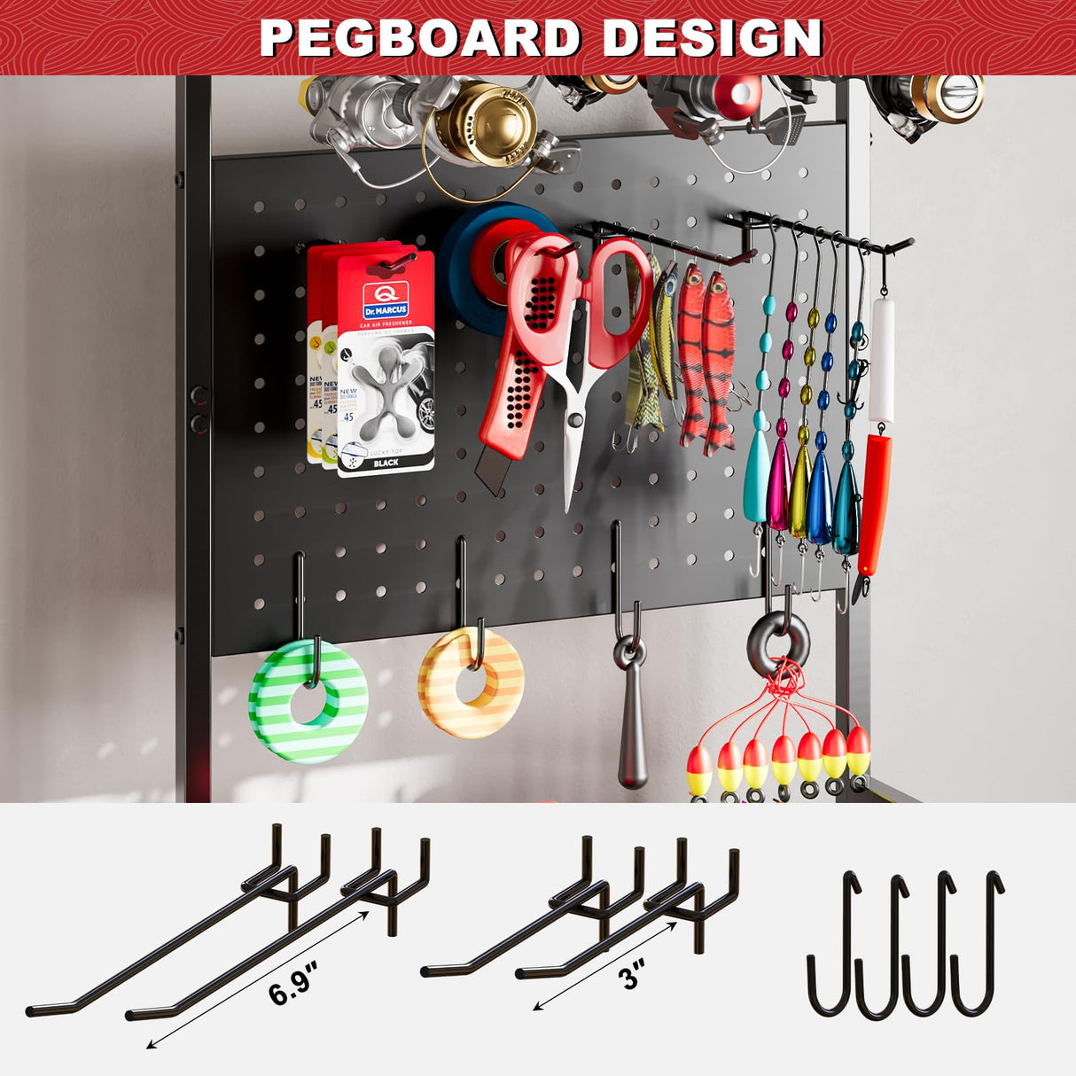 Fishing Rod Holders for Garage, Fishing Rod Storage Rack with Hooks & Wheels, Fishing Pole Holder Organizer, Tackle Box & Reel Storage Black SEEAHEAD