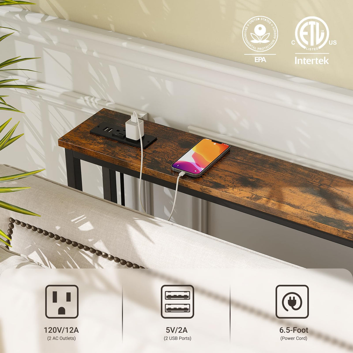 ELYKEN 2 Pack 5.9" Narrow Console Sofa Table with Power Outlets, 5.9" D x 39.4" W x 31.1" H Long Couch Table with Metal Frame and Charge Station with 6.5’ Extension Cord, Rustic Brown ELYKEN
