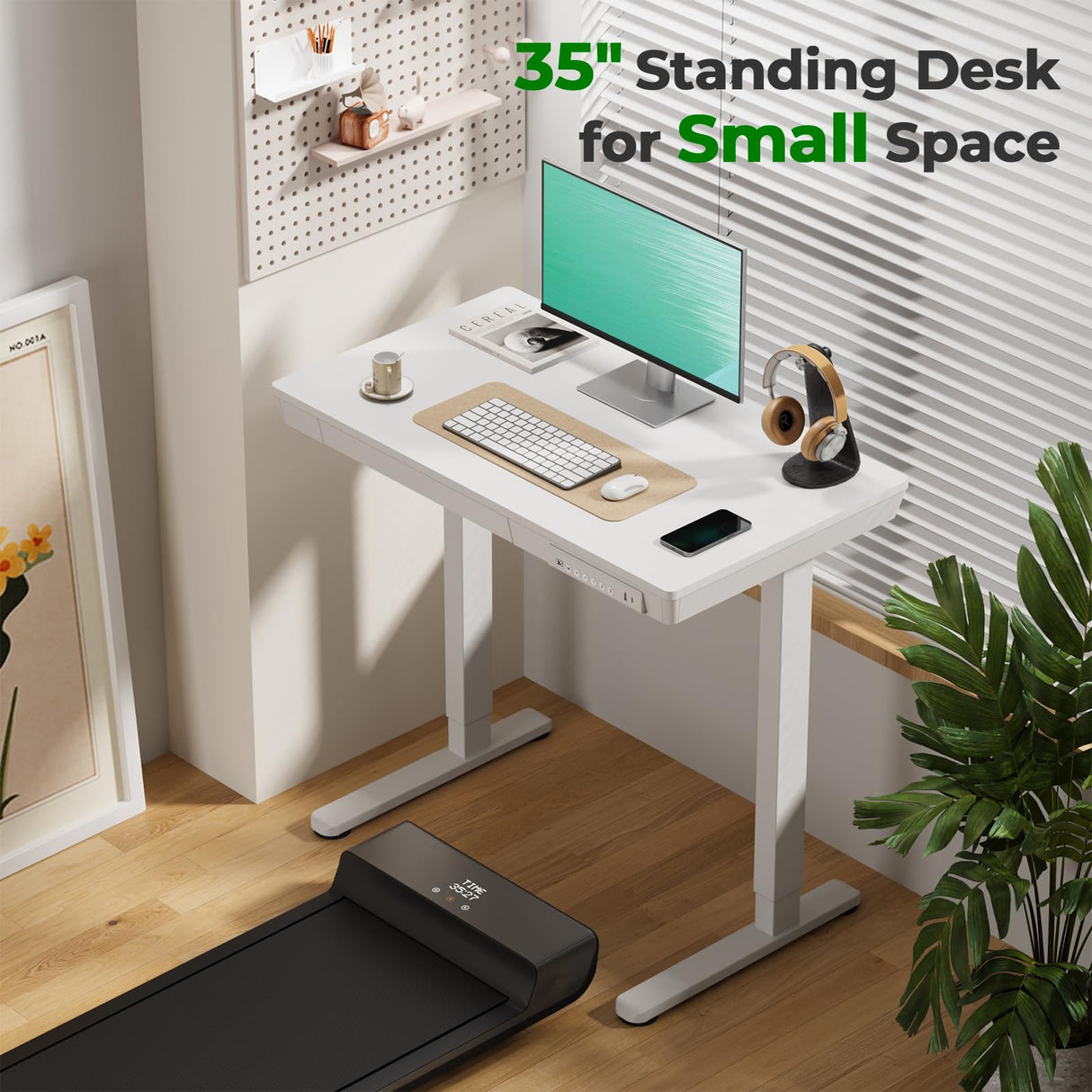JYLH JOYSEEKER Small Standing Desk with Drawer, 35" x 20" Whole Piece Tabletop Electric Sit Stand Desk, Height Adjustable Desk with Storage & USB Ports, Quick Install Home Office Computer Desk, White JYLH JOYSEEKER