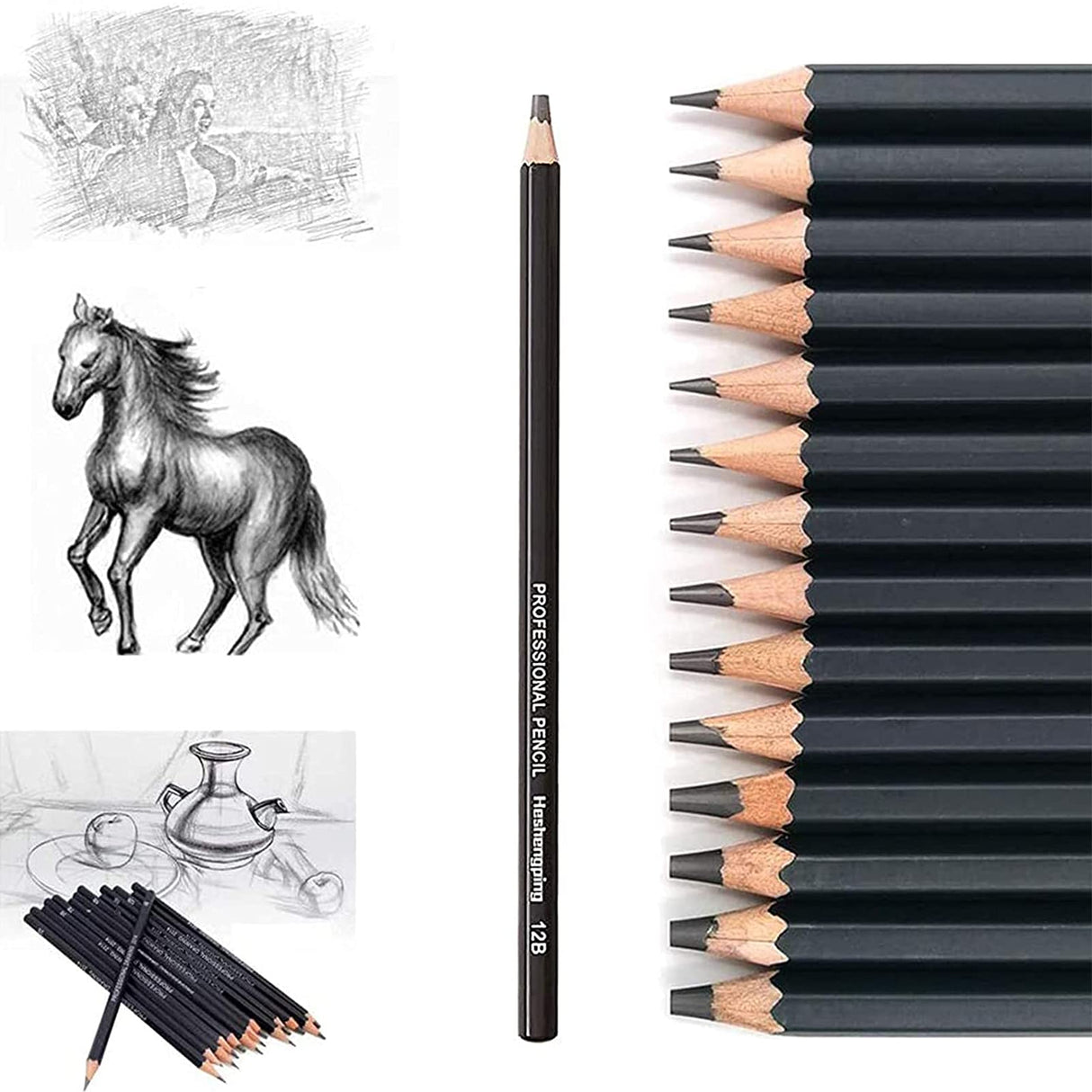 Heshengping Drawing Sketch Pencil Set 14pcs Sketching Pencils 12B 10B 8B 7B 6B 5B 4B 3B 2B B HB 2H 4H 6H Graphite Pencils for Kid Adults Artists Student Beginners Professional Heshengping