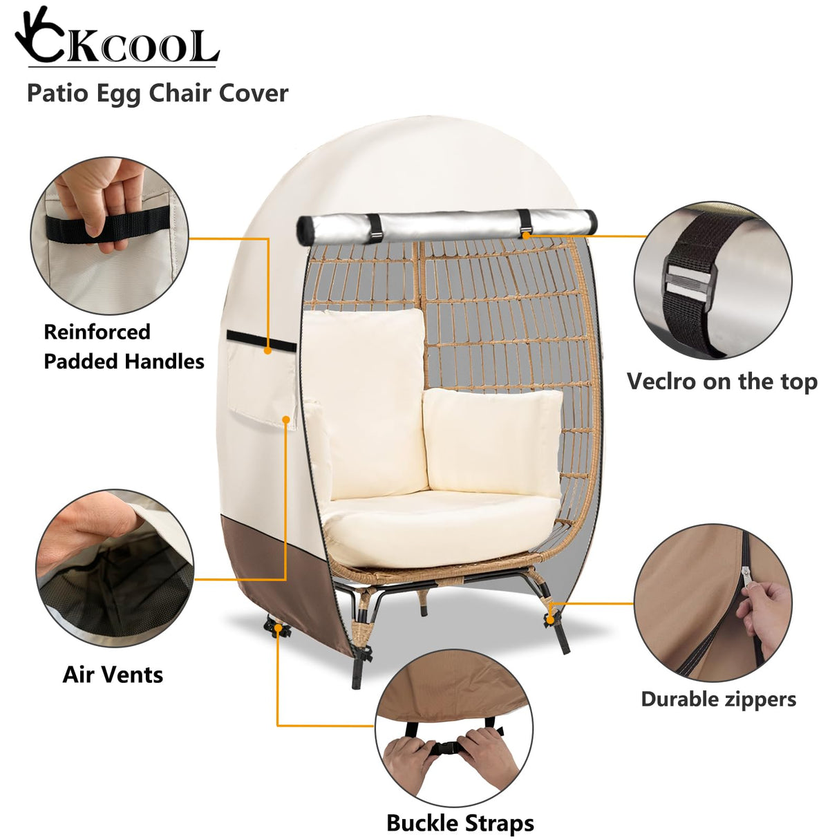 okcool Outdoor Egg Chair Cover,Waterproof Egg Chair Cover with Zipper for Wicker Patio Basket Chair(Beige & Brown,Fits 43" L *25" W*55.1" H Egg Chair) okcool