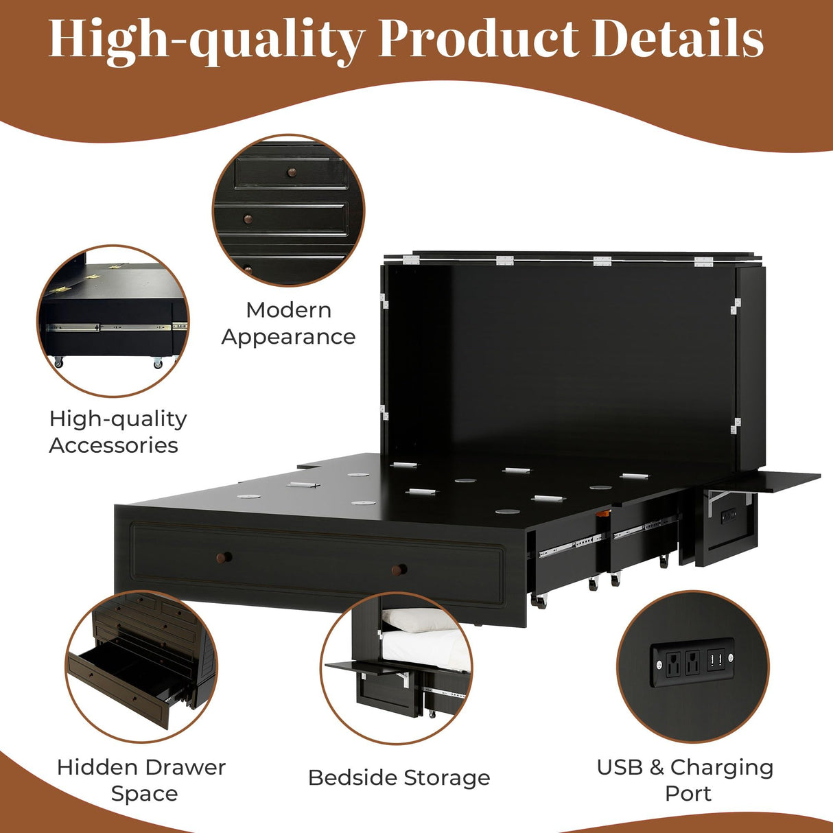 Tafeumob Murphy Bed Queen Size: Murphy Bed Cabinet with Drawer Space-Saving with Shelves&Charging Station for Bedroom, Multipurpose Area, Guest Room, Apartment Black (Mattress not Included) Tafeumob