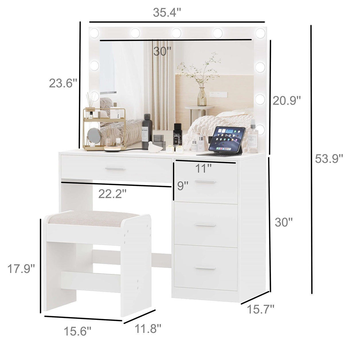 Irontar Makeup Vanity Table with Large Mirror, Vanity Desk with Stool and 11 LED Lights, Makeup Table with 4 Metal Sliding Drawers, Vanity Table Set with Bench for Women, White WDT002WD Irontar
