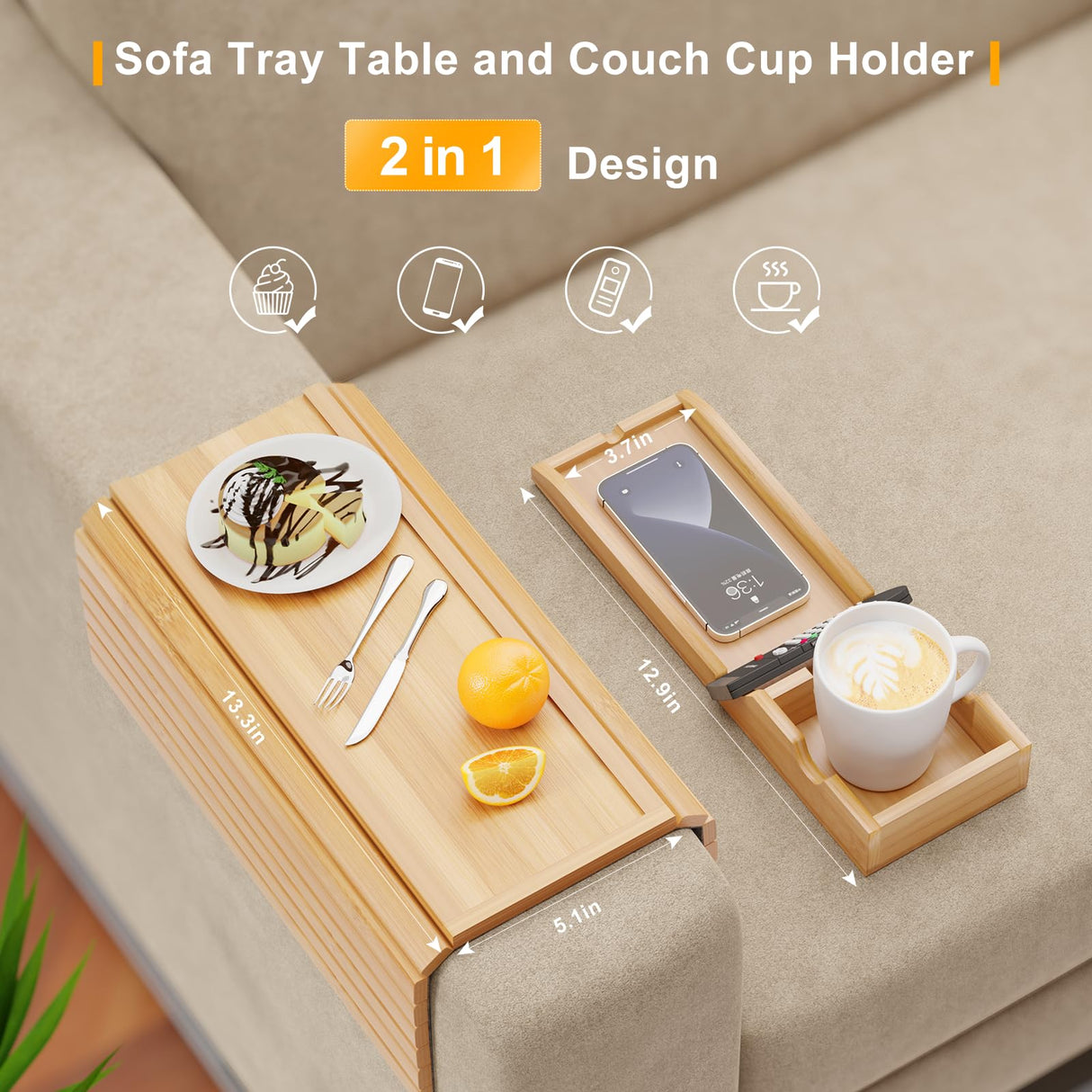 Bestjing Bamboo Sofa Armrest Tray - Couch Arm Tray with Detachable Couch Cup Holder Tray - Anti-Slip Foldable Sofa Table Tray - Cup Holder Tray for Drinks Cup Cellphone Remote Snacks Bestjing