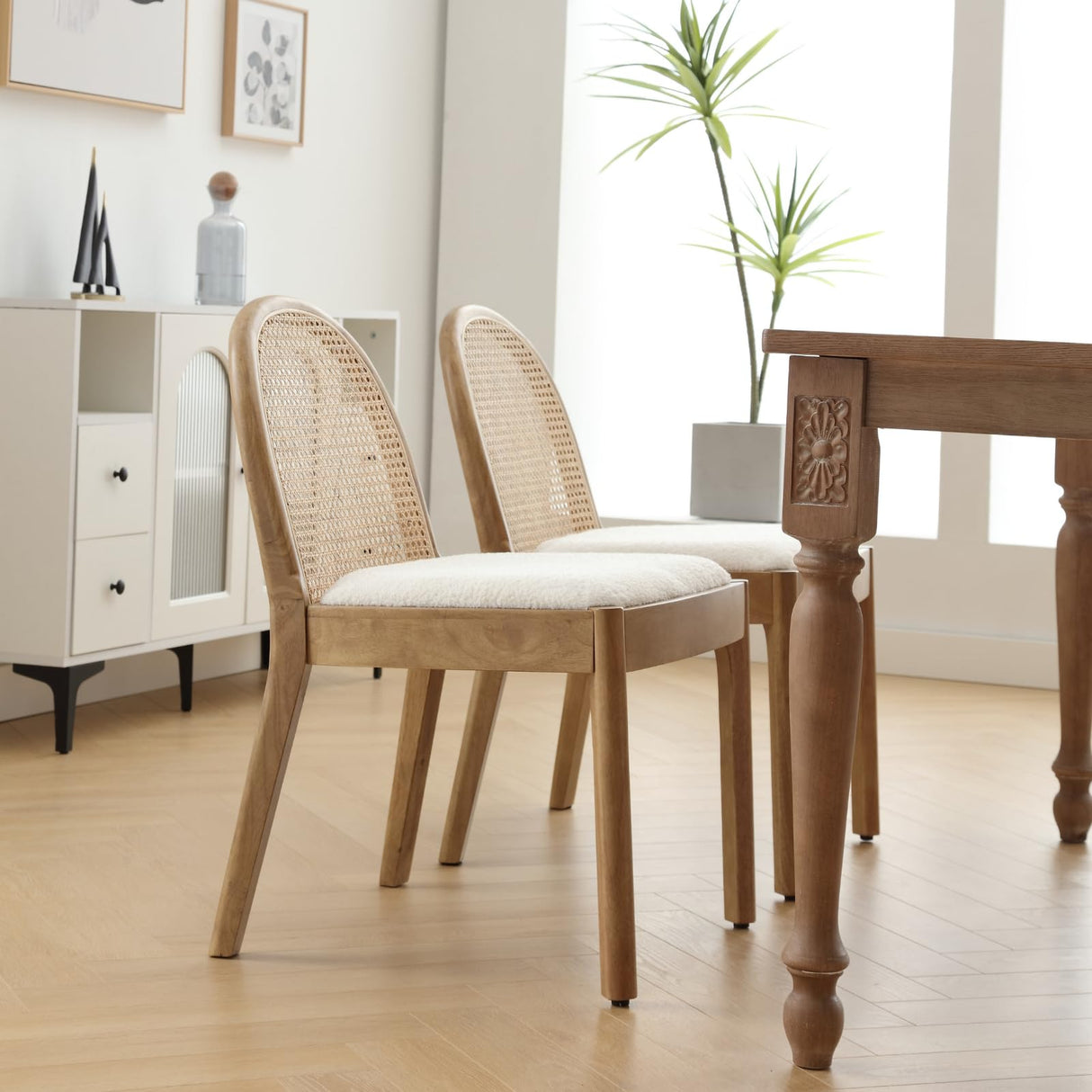 Ya-Home Mid Century Dining Chairs Set of 4, Accent Rattan Side Chairs Sherpa Fabric Kitchen Chair with Solid Wooden Legs for Living Room Dining Room, White Ya-Home