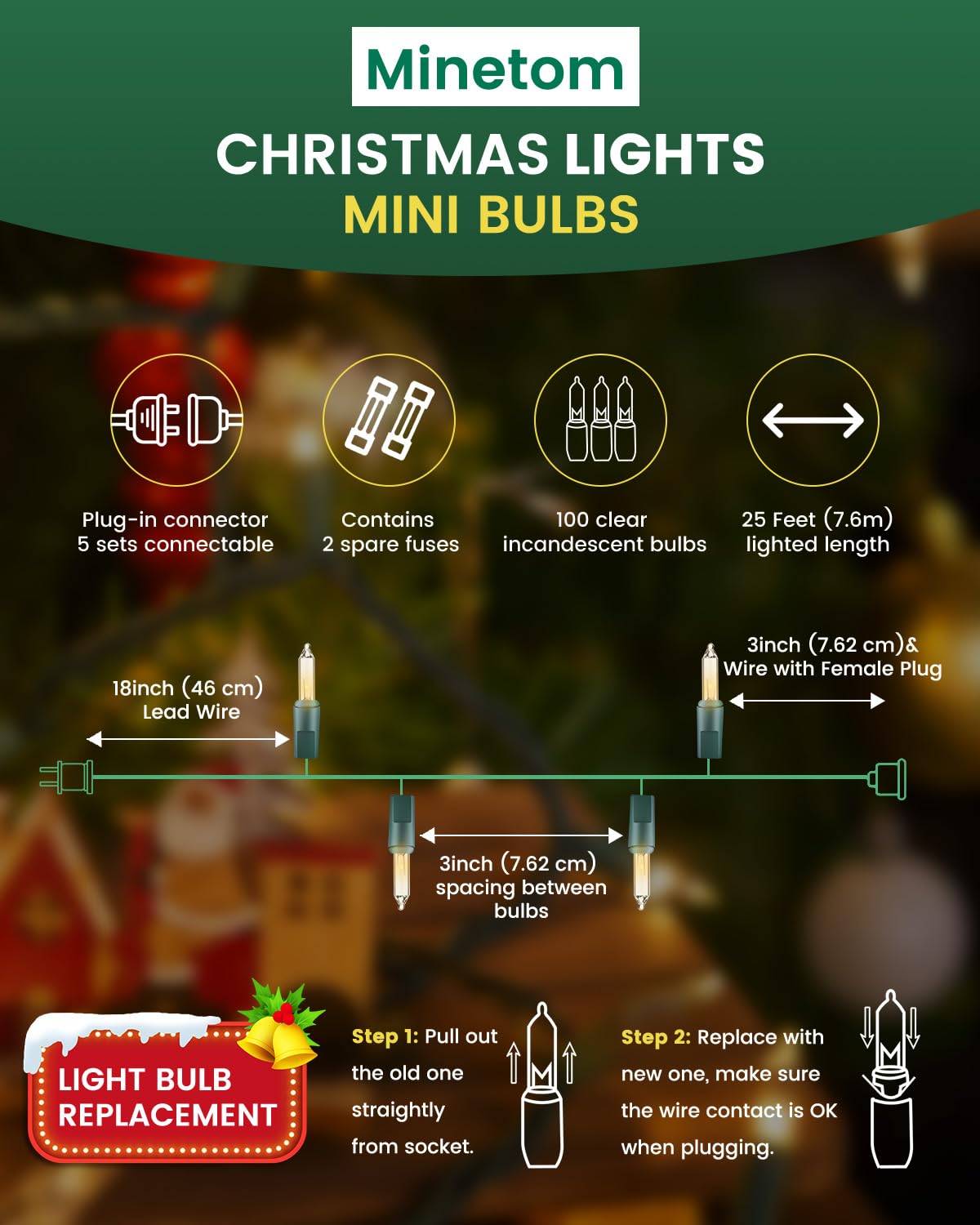 Clear Christmas String Lights 100 Count 25 Feet Incandescent Bulb Mini Lights for Indoor Xmas Tree Garland Birthday Wedding Party Festival Decoration, Green Wire Minetom