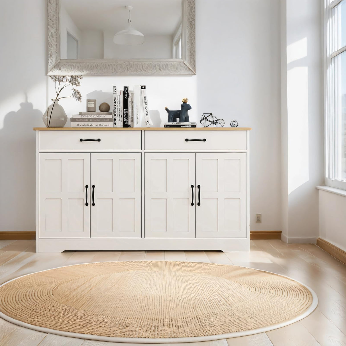 Sideboard Buffet Cabinet with Storage, 55" Large Kitchen Storage Cabinet with 2 Drawers and 4 Doors, Wood Coffee Bar Cabinet Buffet Table Console Cabinet for Kitchen Dining Room, White Locsear