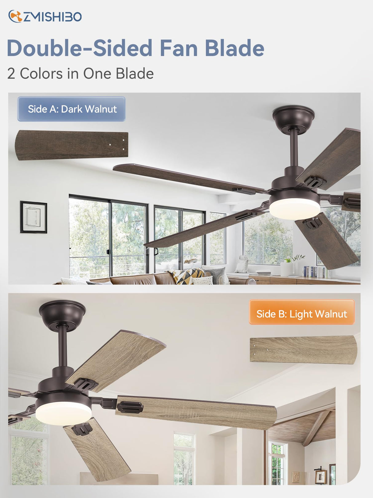 ZMISHIBO 52" Ceiling Fans with Lights, Oil Bronze Farmhouse Ceiling Fan with Remote, Rustic Indoor Ceiling Fan with Dual Finish Blades, Quiet & Strong Motor, Bright LED Light. ZMISHIBO