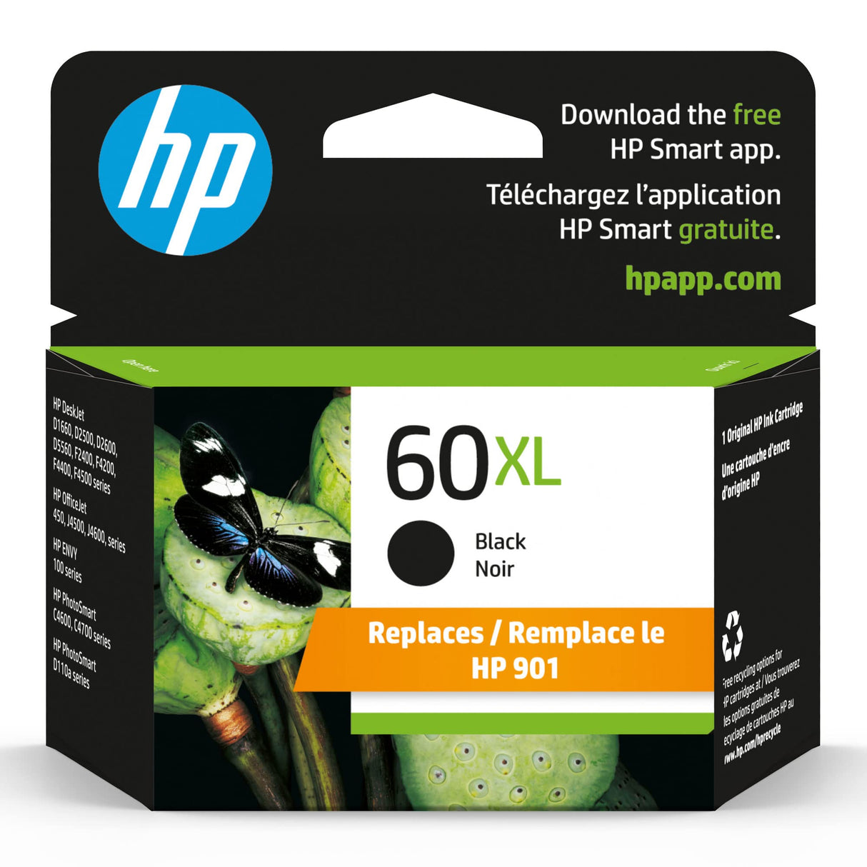 HP 60XL Black High-yield Ink Cartridge | Works with DeskJet D1660, D2500, D2600, D5560, F2400, F4200, F4400, F4580; ENVY 100, 110, 120; PhotoSmart C4600, C4700, D110a Series | CC641WN HP